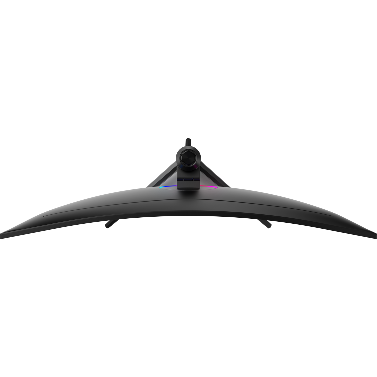 Curved monitor's top view. Black frame, stand, and back. No screen visible.