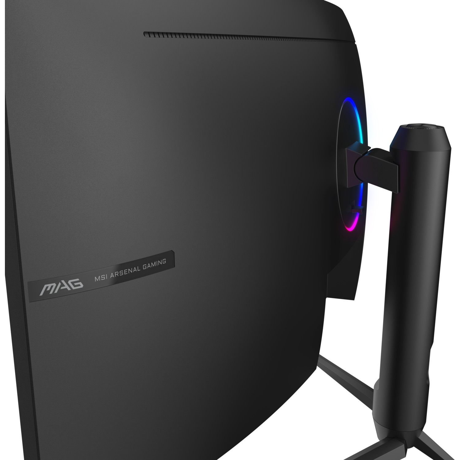 Side view of monitor. RGB lighting on back. Black frame and MSI Arsenal Gaming logo.