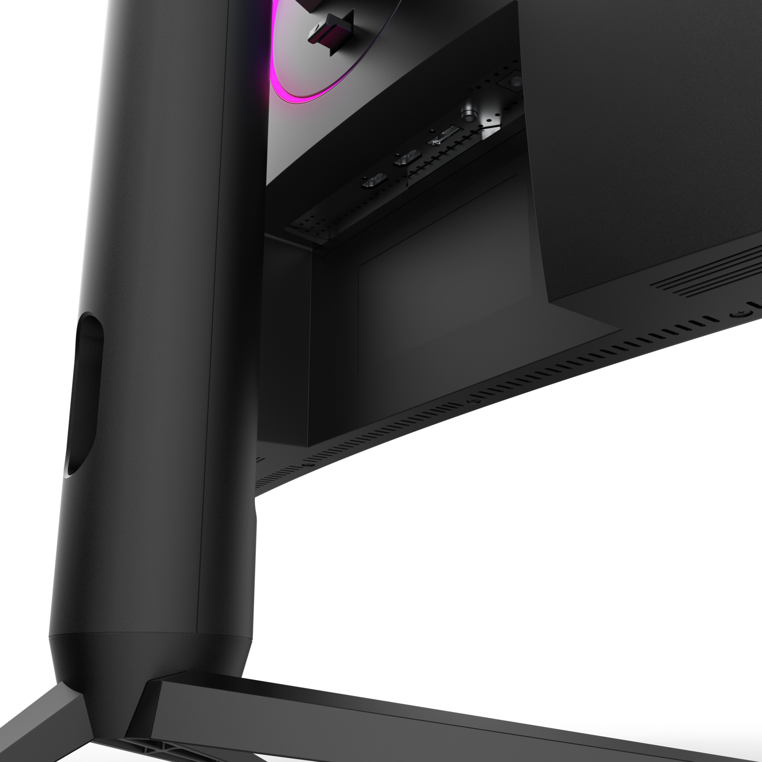 Close-up view of the back of a monitor, showing ports and stand.