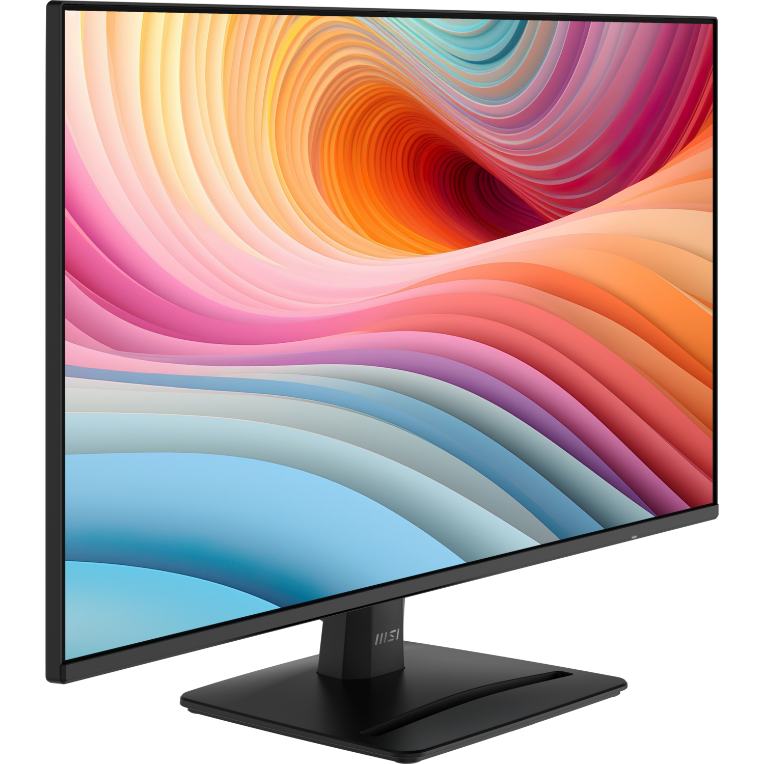 MSI-monitor met kleurrijke abstracte weergave. Zwart frame en standaard. Neutrale achtergrond.