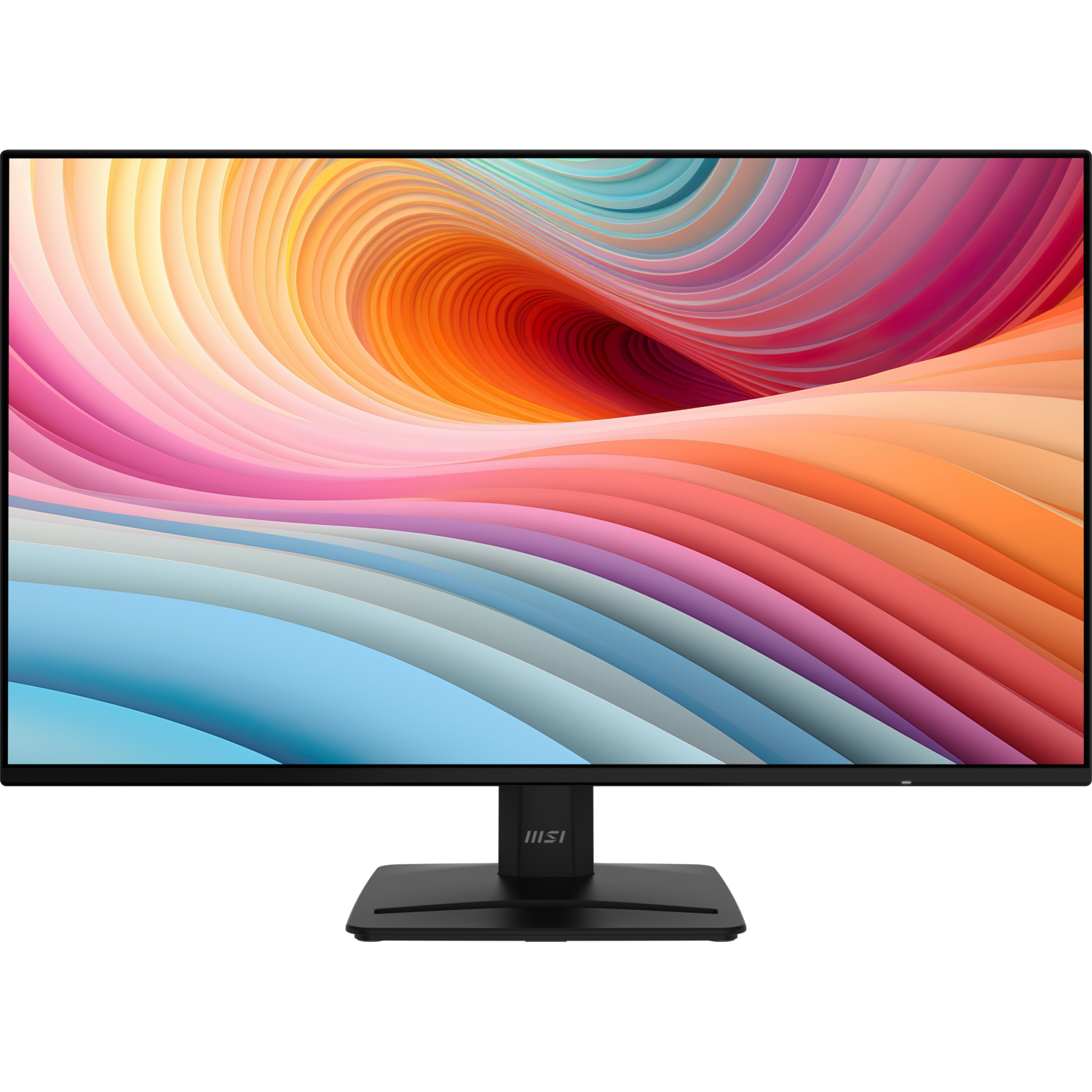 Een zwarte computermonitor op een standaard met een kleurrijke achtergrond.