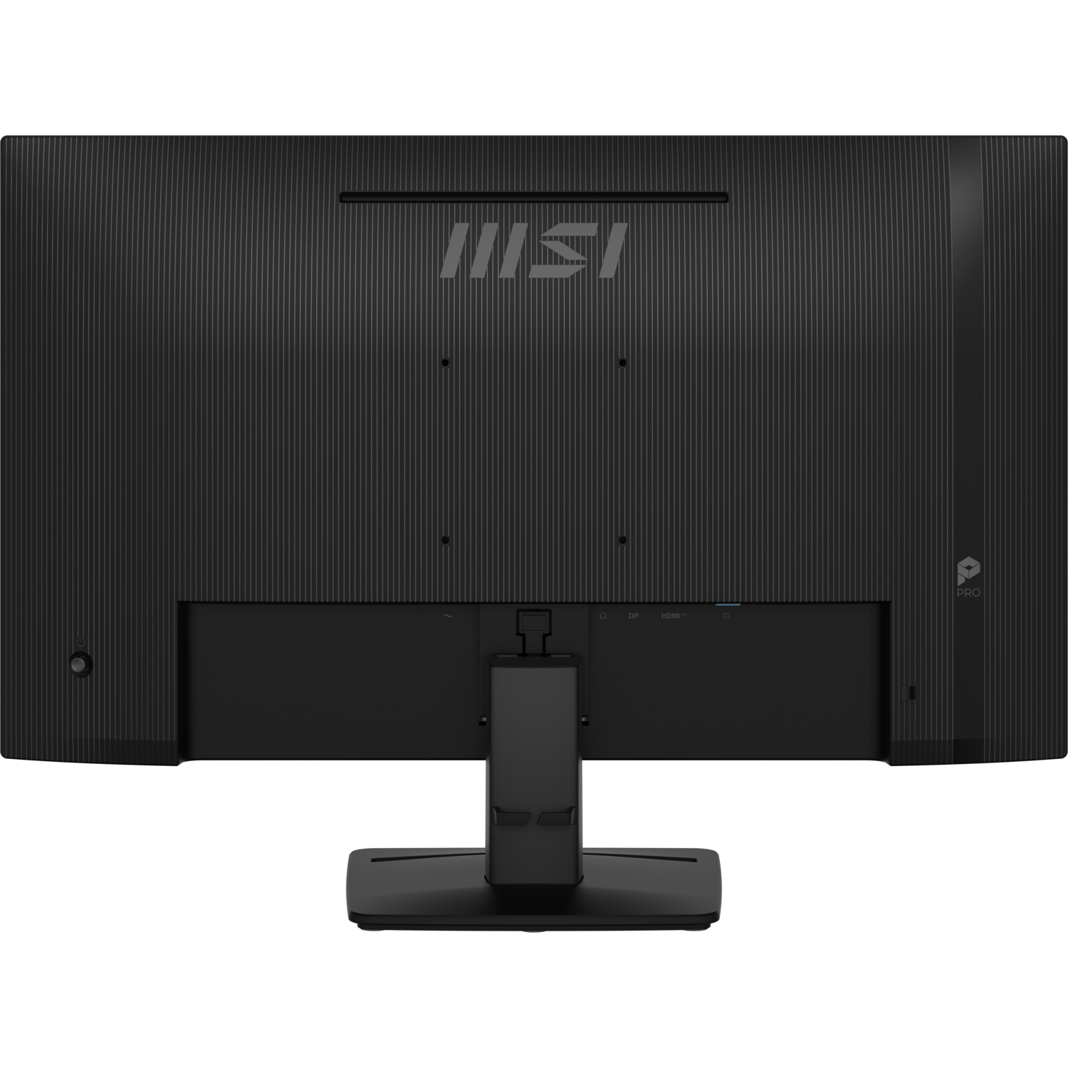 Achterkant van MSI-monitor. Zwart, getextureerd oppervlak. Poorten en standaards bevestiging zichtbaar. MSI-logo.