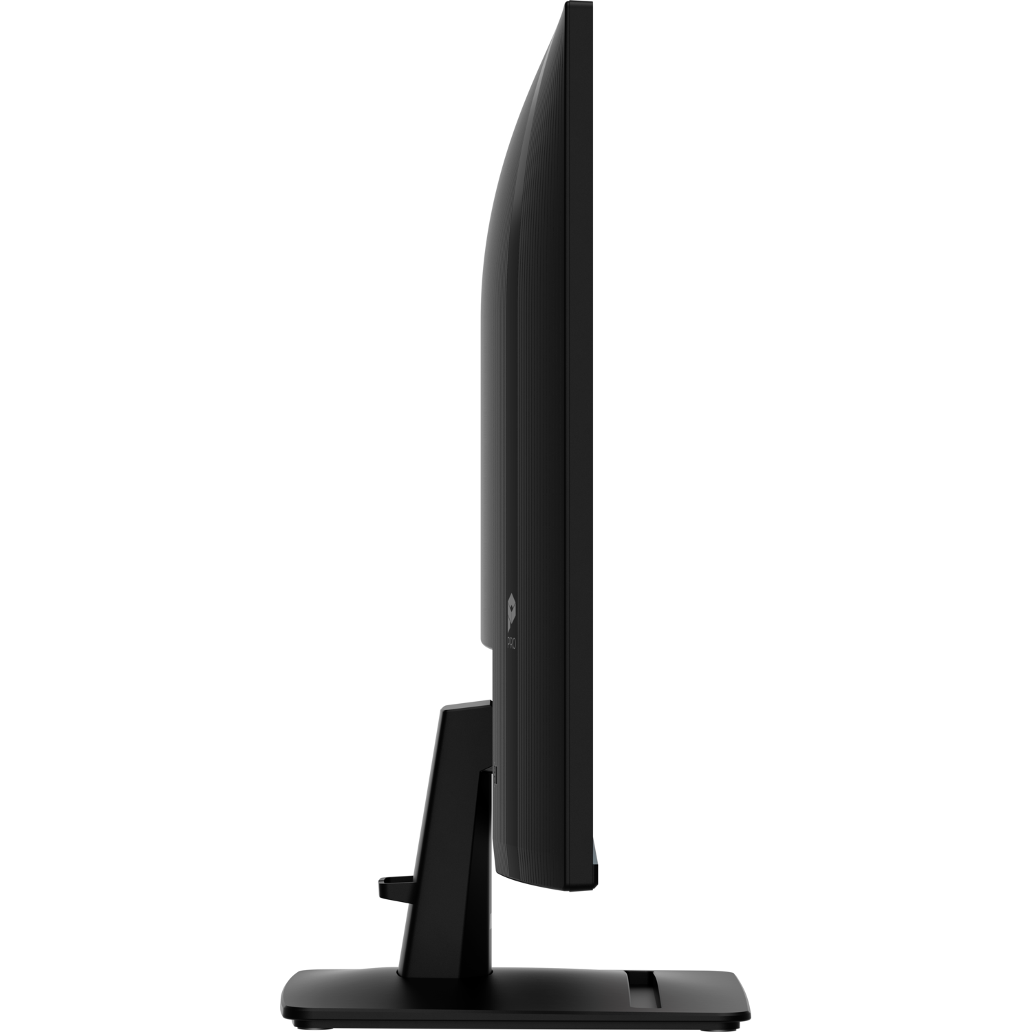 Zijaanzicht van een zwarte monitor. Dun profiel. De standaard is zichtbaar. Zwart oppervlak.