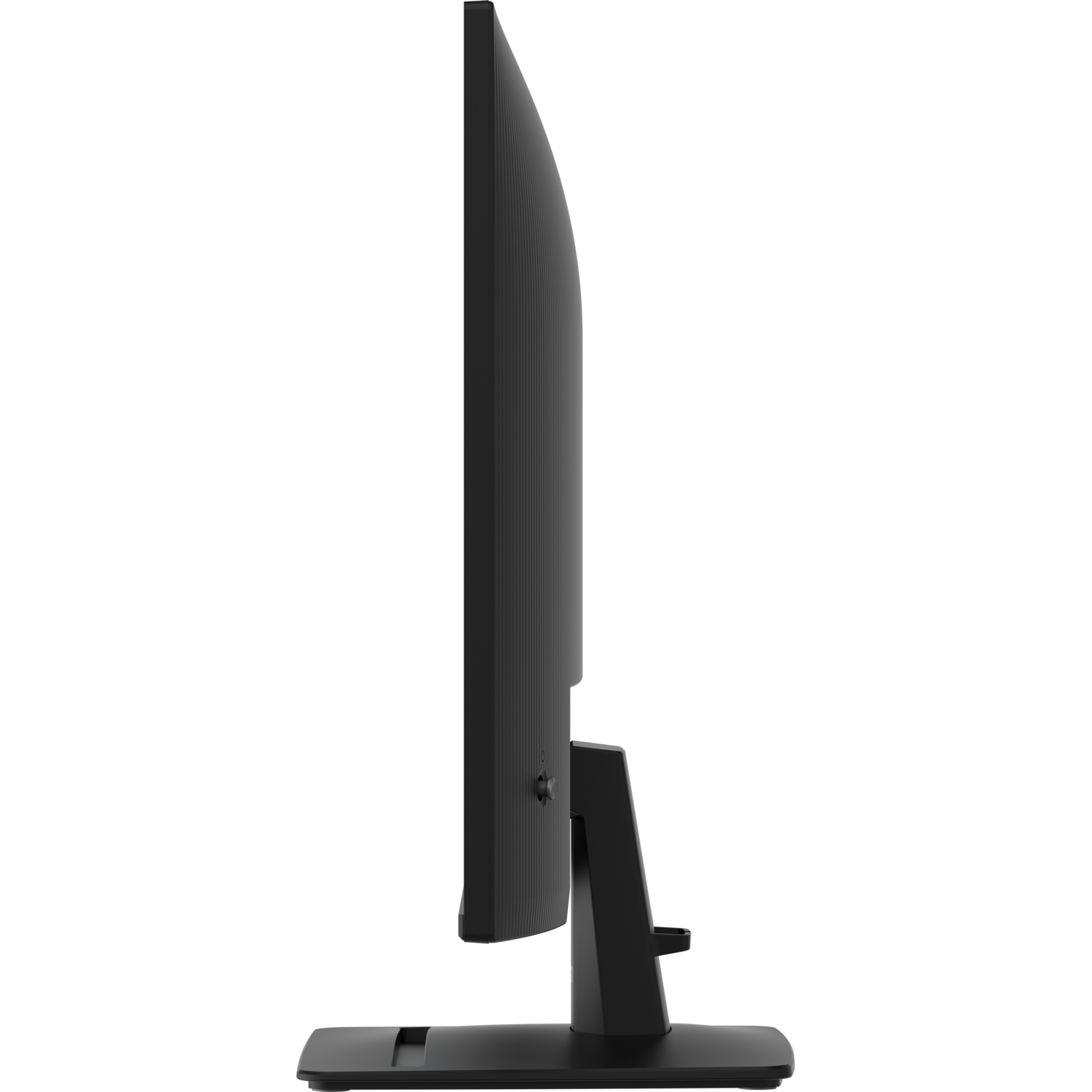 Zijaanzicht van een zwarte monitor. Dun profiel. De standaard is zichtbaar. Zwart oppervlak.