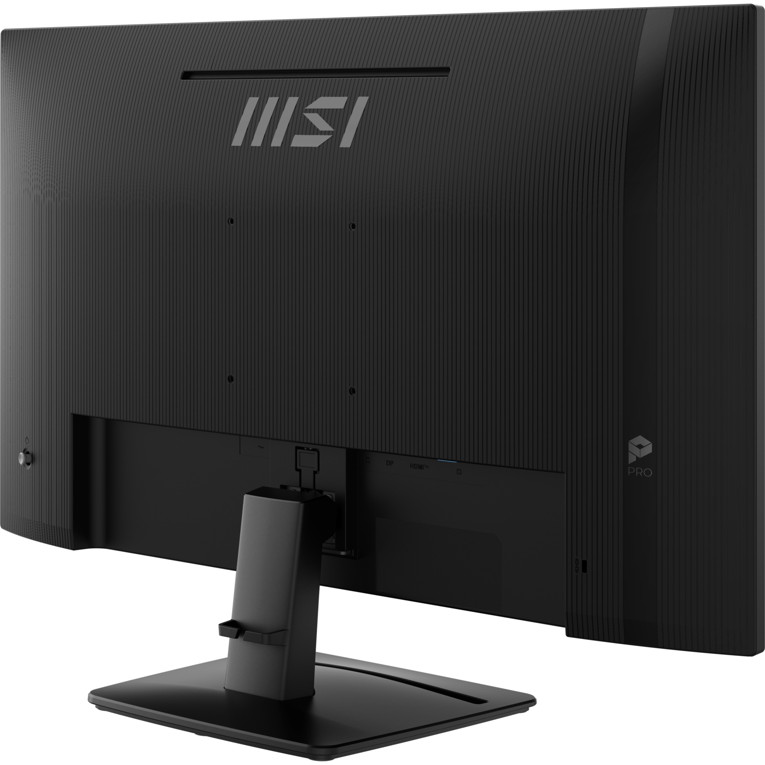 Achterkant van een zwarte MSI-monitor. Getextureerd oppervlak. Poorten zichtbaar. MSI-logo. Zwarte standaard.
