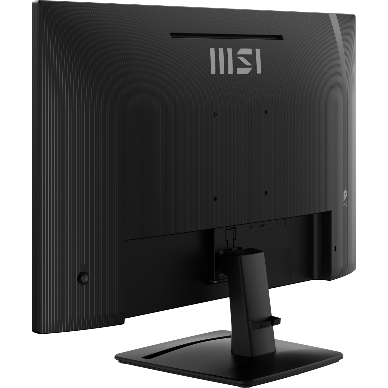Zwarte monitorrug met MSI-logo en poorten. Hij heeft een standaard, aan/uit-knop en aansluitingen.