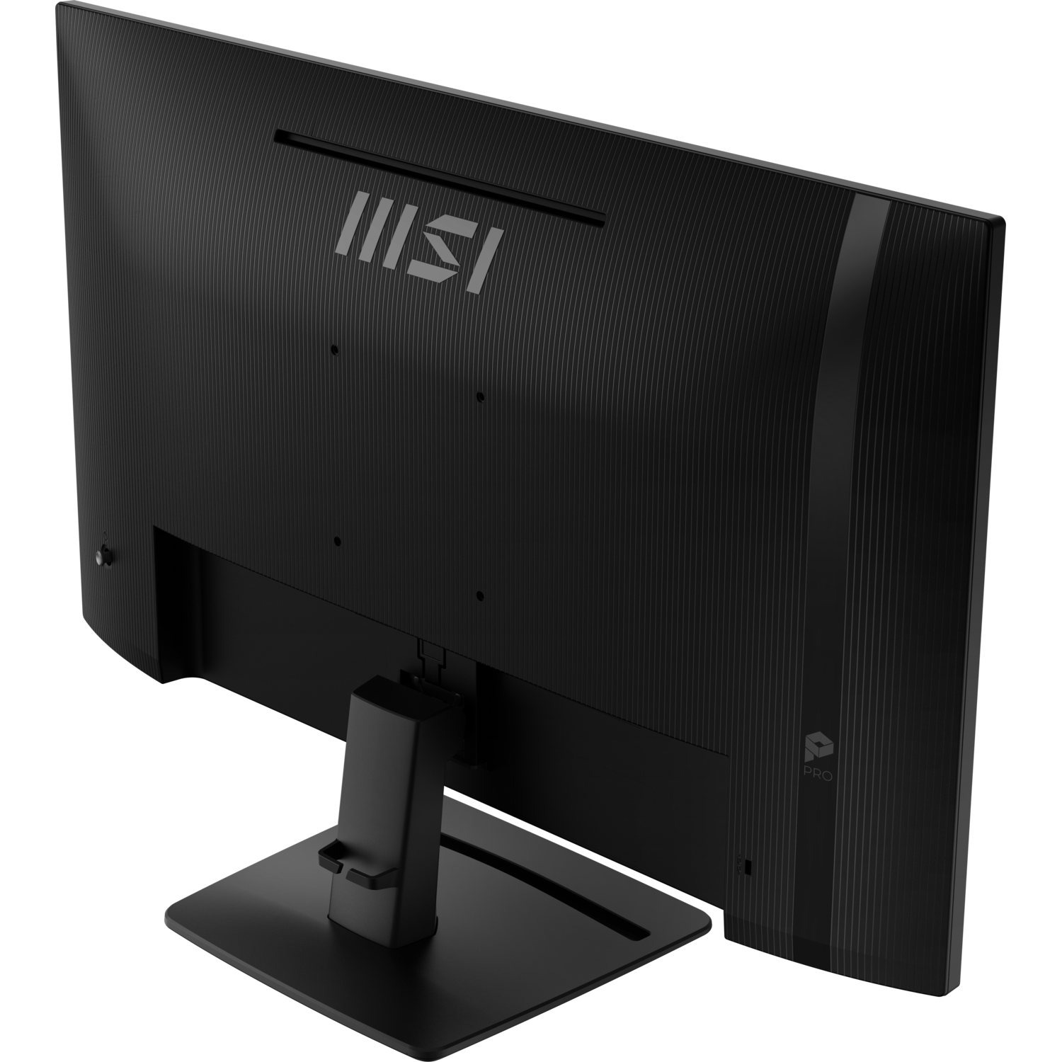 Zwarte computermonitor, achteraanzicht, met MSI-logo.