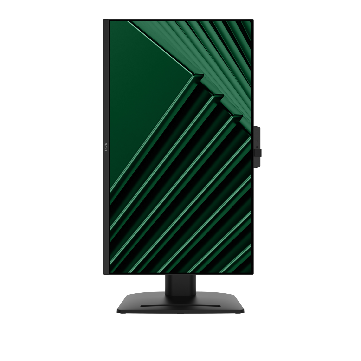 A black monitor displays an abstract, green, layered pattern on a black background.