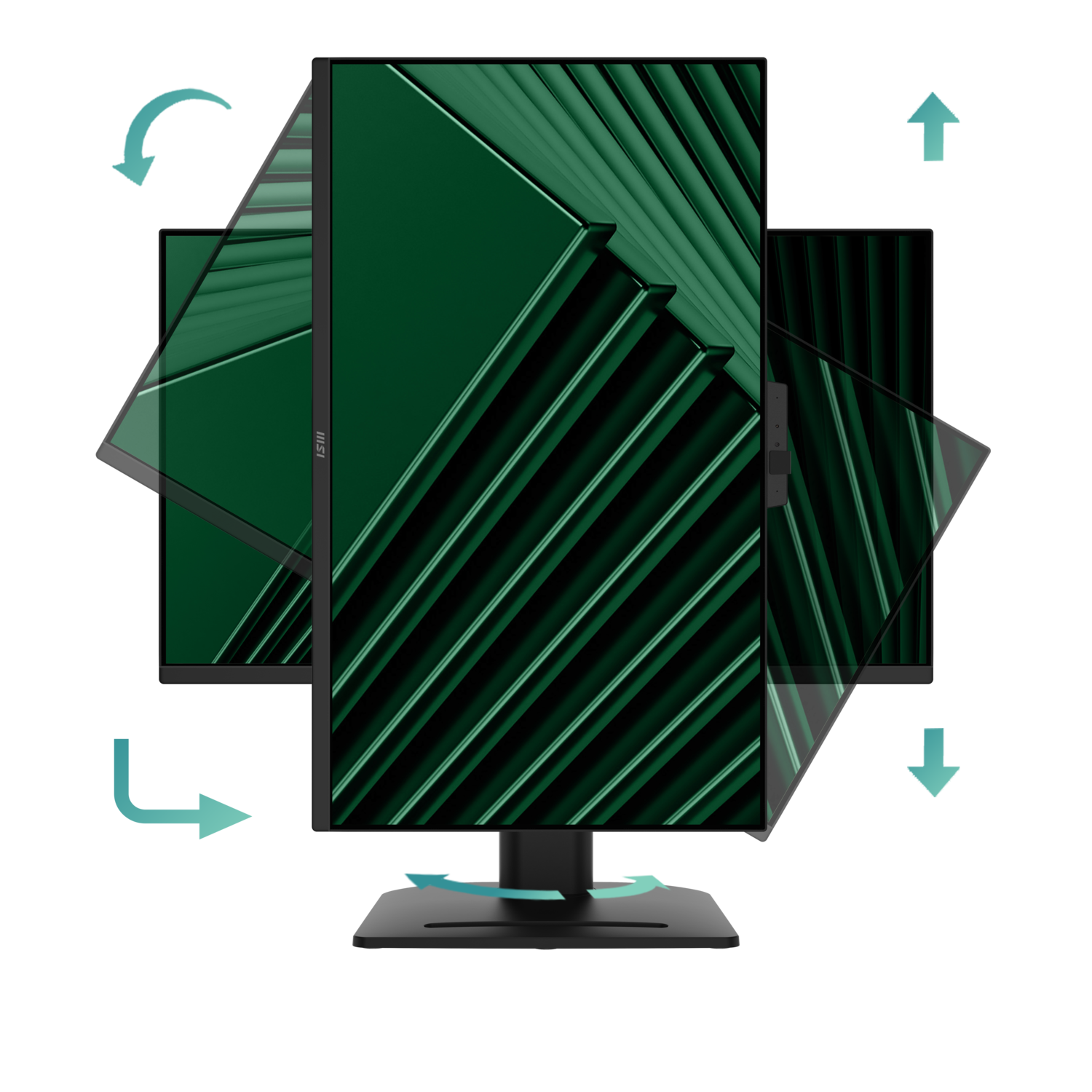Monitor with rotating display to show various angles. Green background with lines. Black stand.