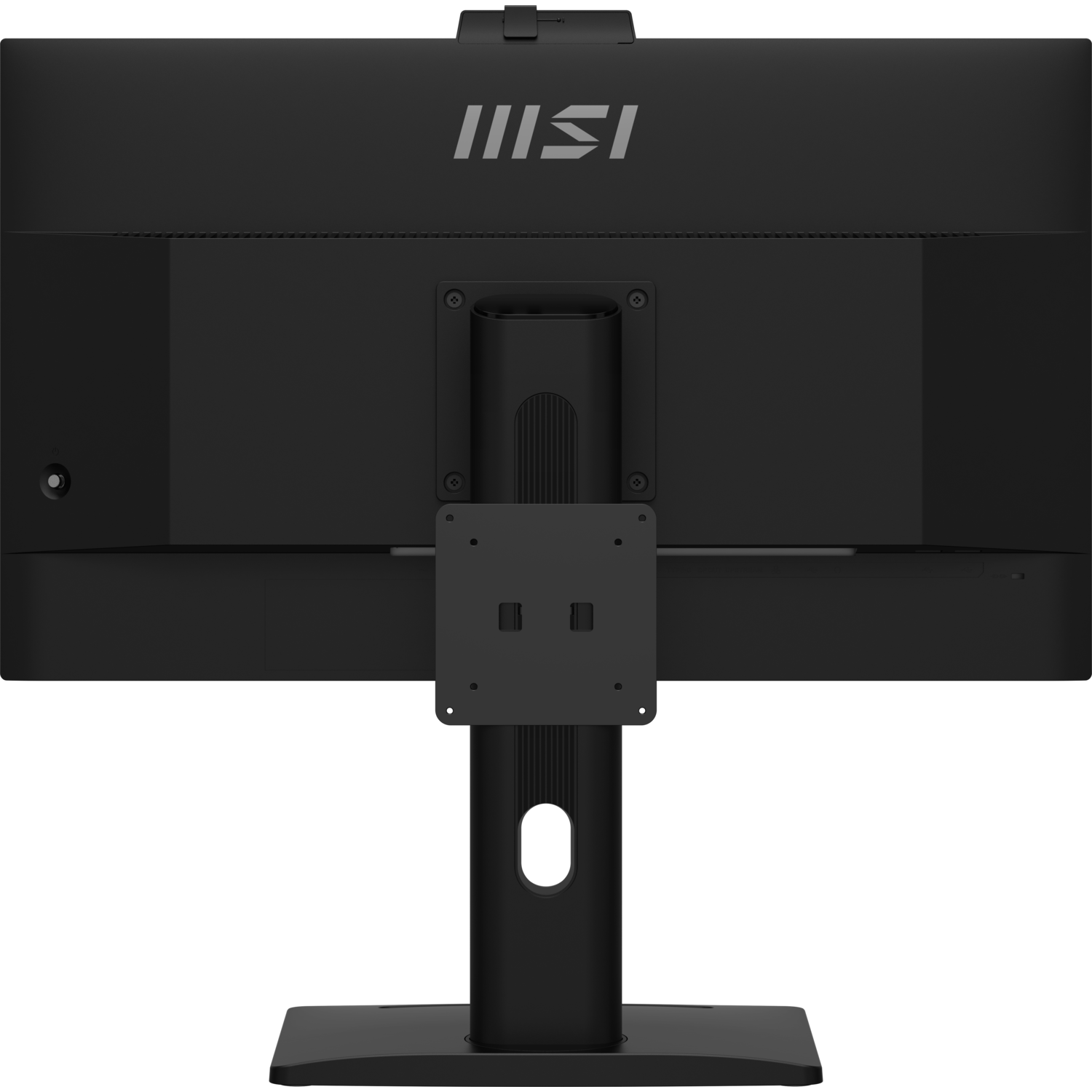 Back of monitor on a stand. MSI logo visible. Black surface and base. Mount bracket.