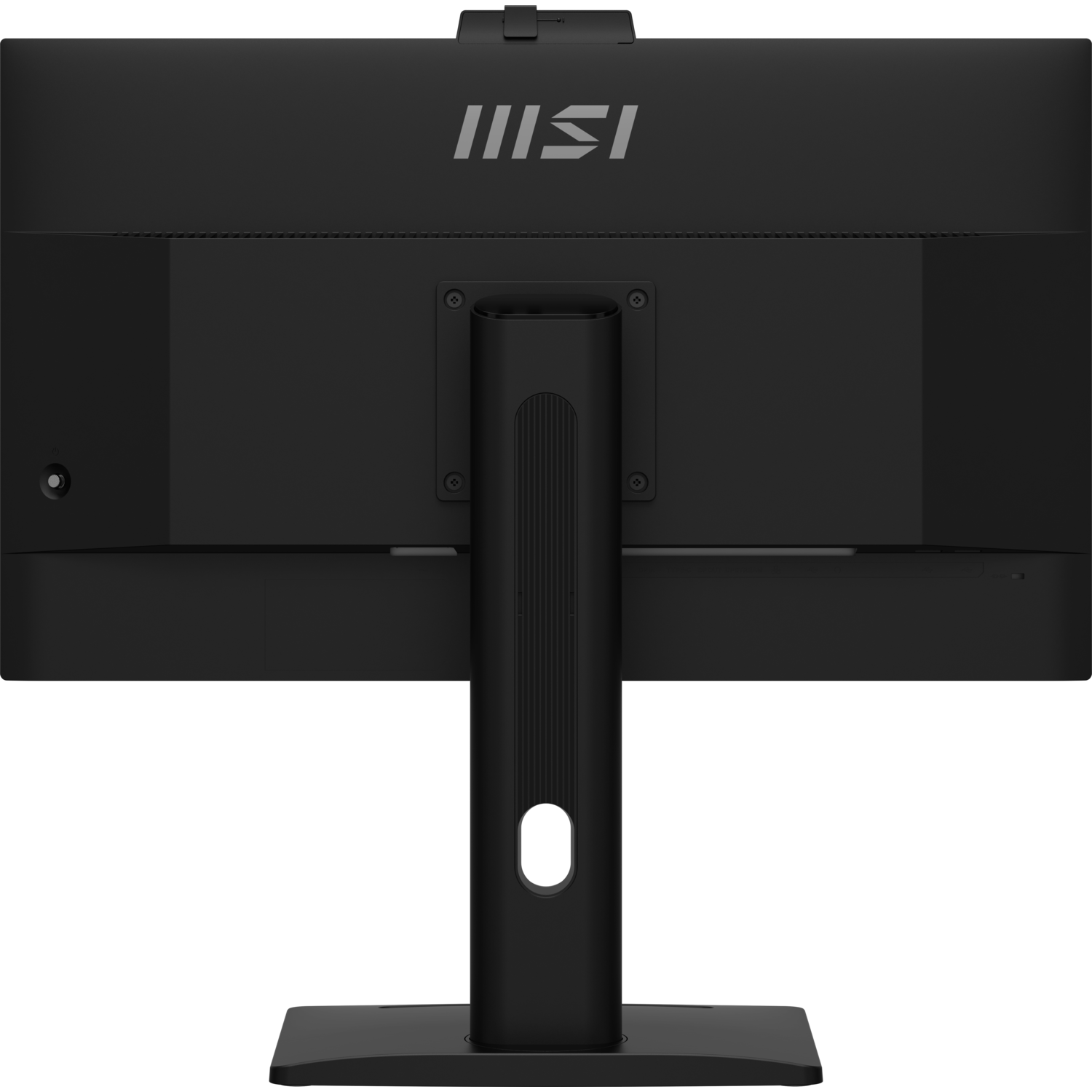 Back of monitor. MSI logo. Black stand. Black surface with mount. No visible ports.