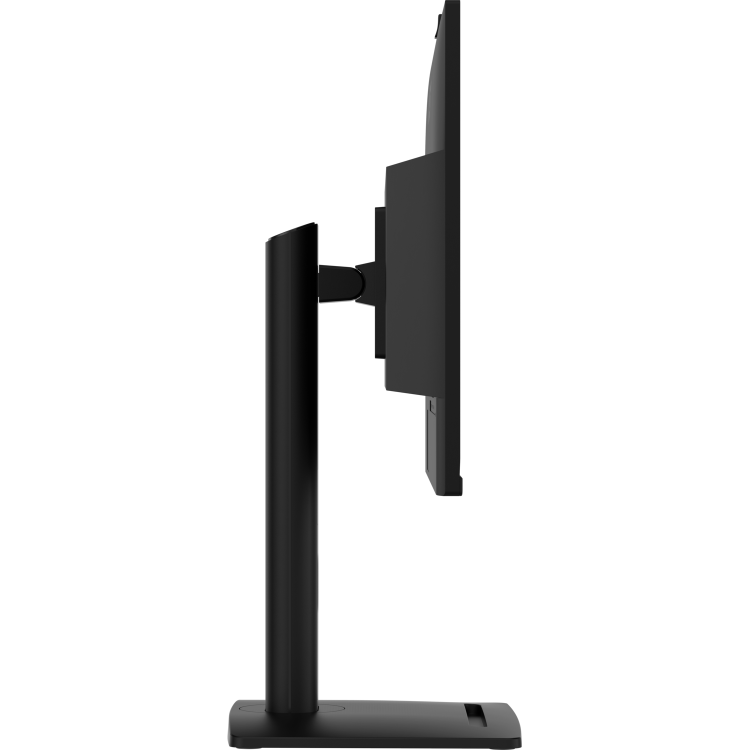 Side view of a black monitor. Stand and black frame. Clean design. No visible ports.