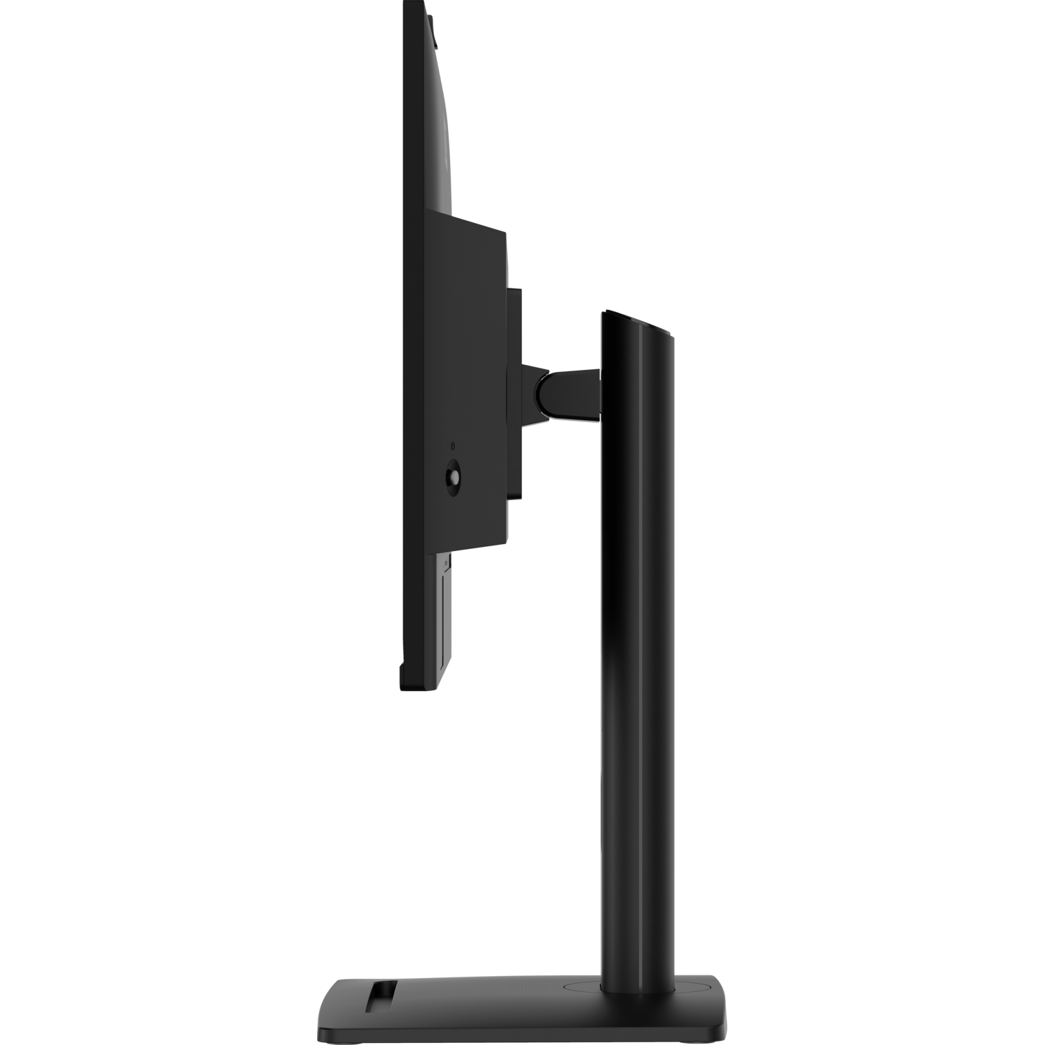 Side view of a black monitor. Stand and black frame. Clean design. No visible ports.