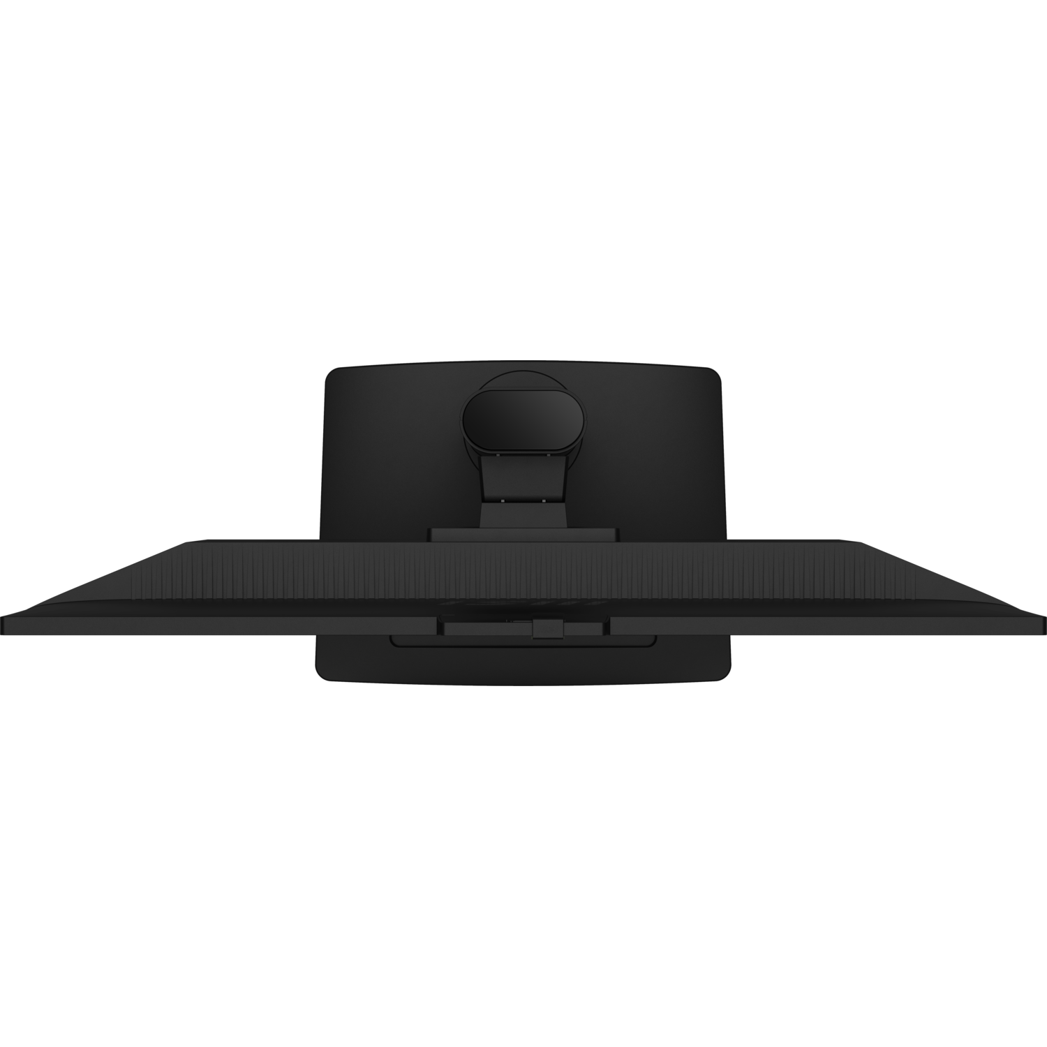 Black monitor, top view. It has a black stand and a wide screen.