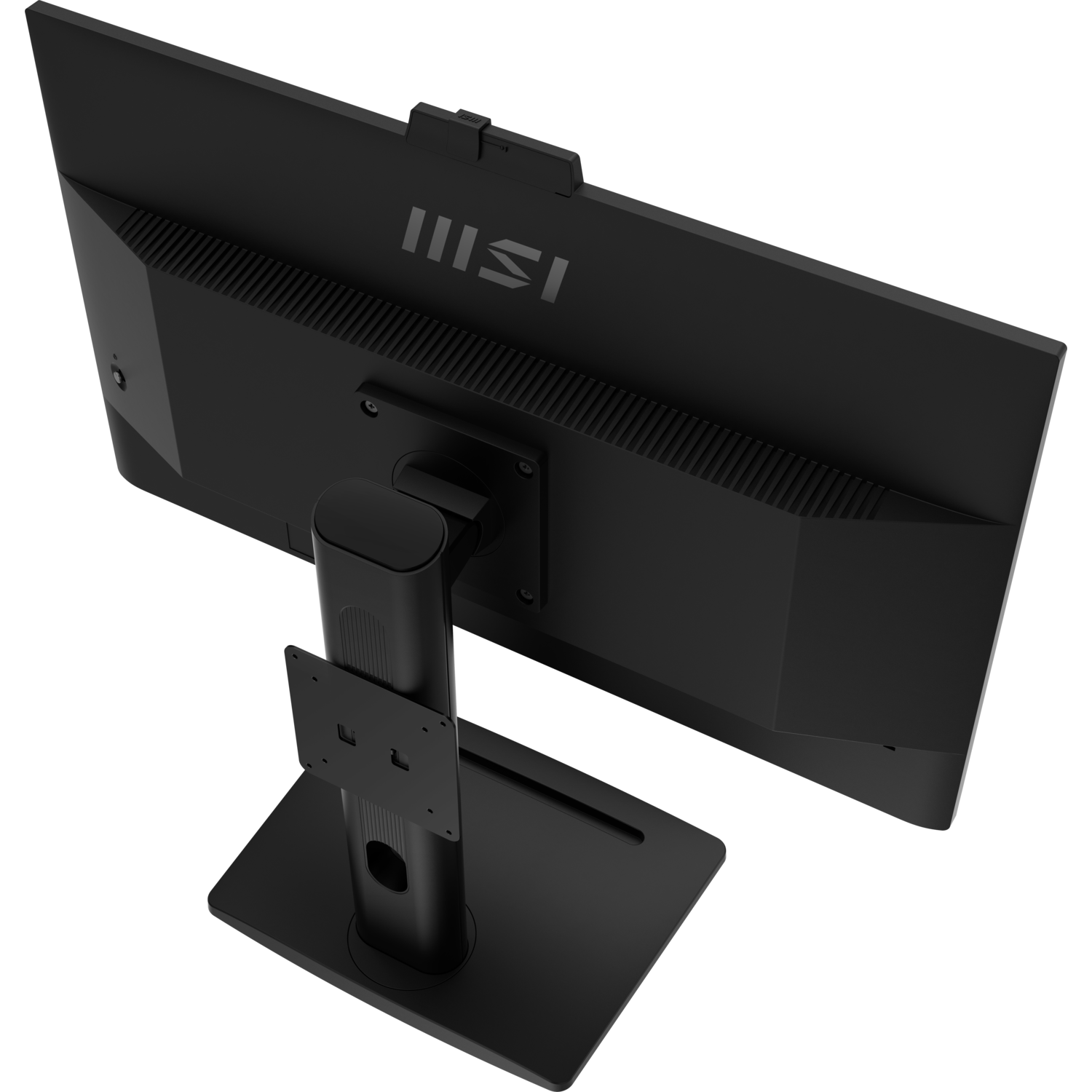 Back of a computer monitor, black, with stand.