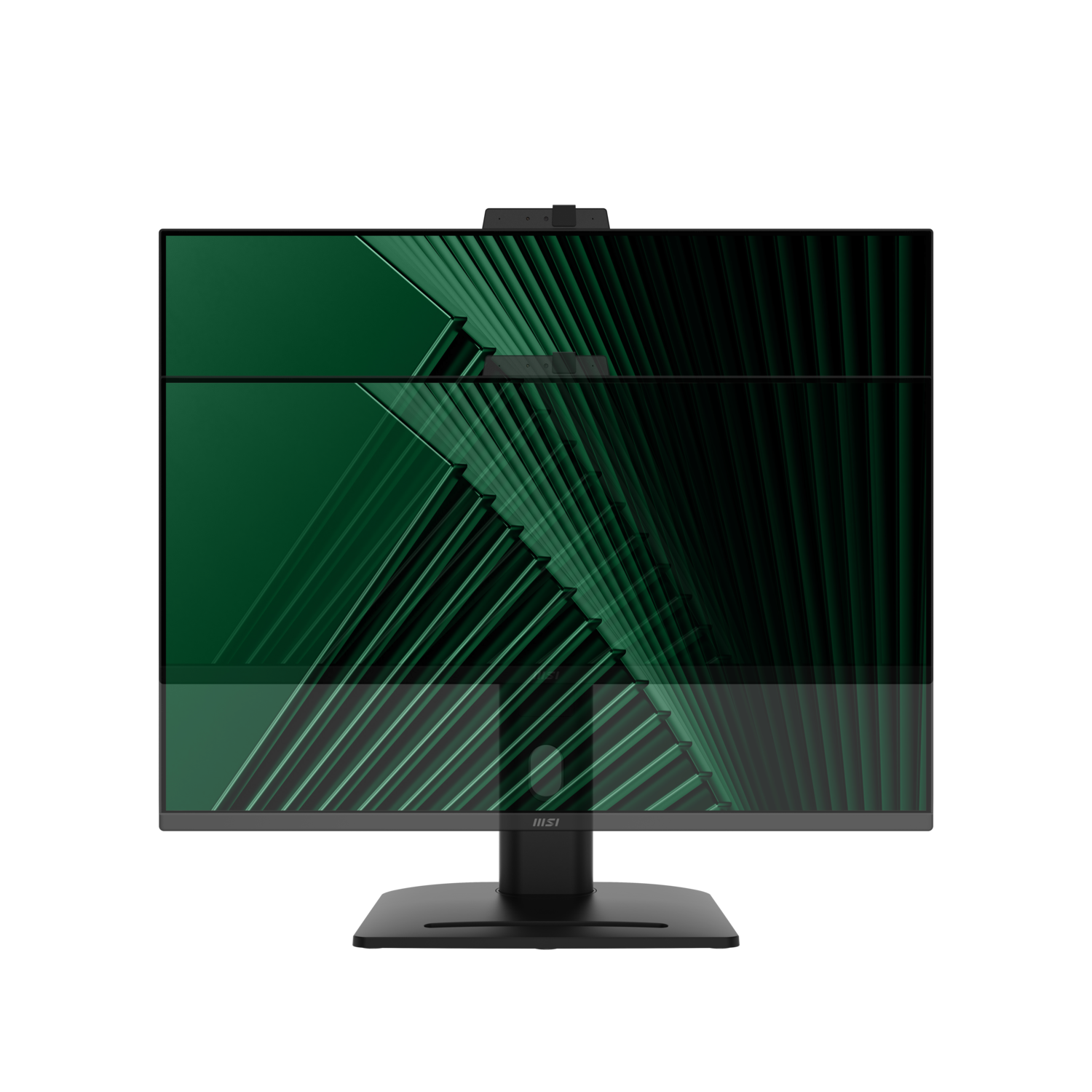 A black monitor with a webcam on top, displaying a green abstract design.