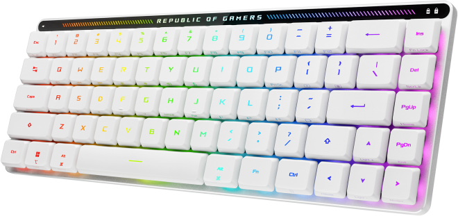 Fehér billentyűzet színes gombokkal, Republic of Gamers logó.