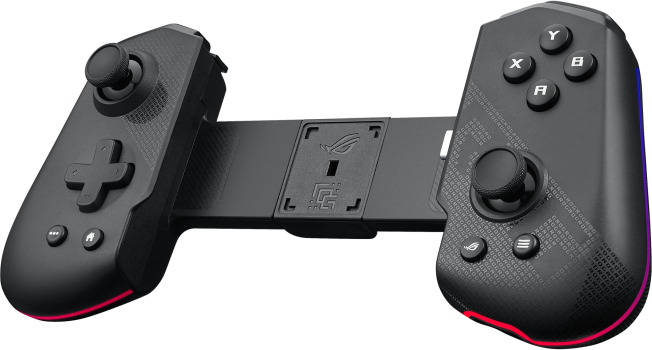 Fekete gamepad gombokkal. A gamepadhez egy telefon van csatlakoztatva.