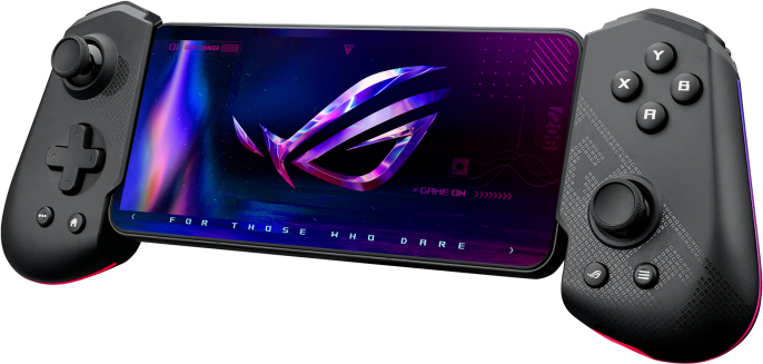 Egy telefon gamepad tartozékokkal. A telefon egy játék képernyőjét mutatja.