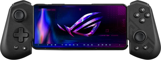 Fekete gamepad telefonnal. A telefon ROG logót jelenít meg. Gombok mindkét oldalon.