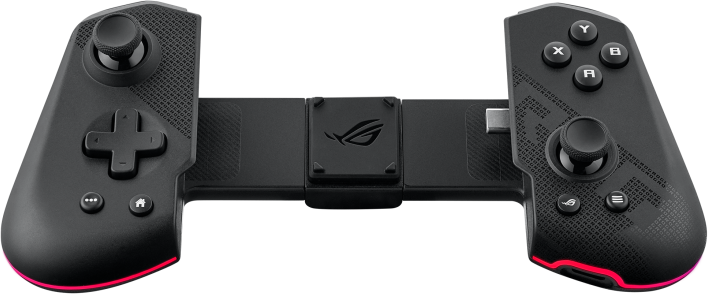 Fekete gamepad gombokkal. A ROG logó középen, piros világítással.