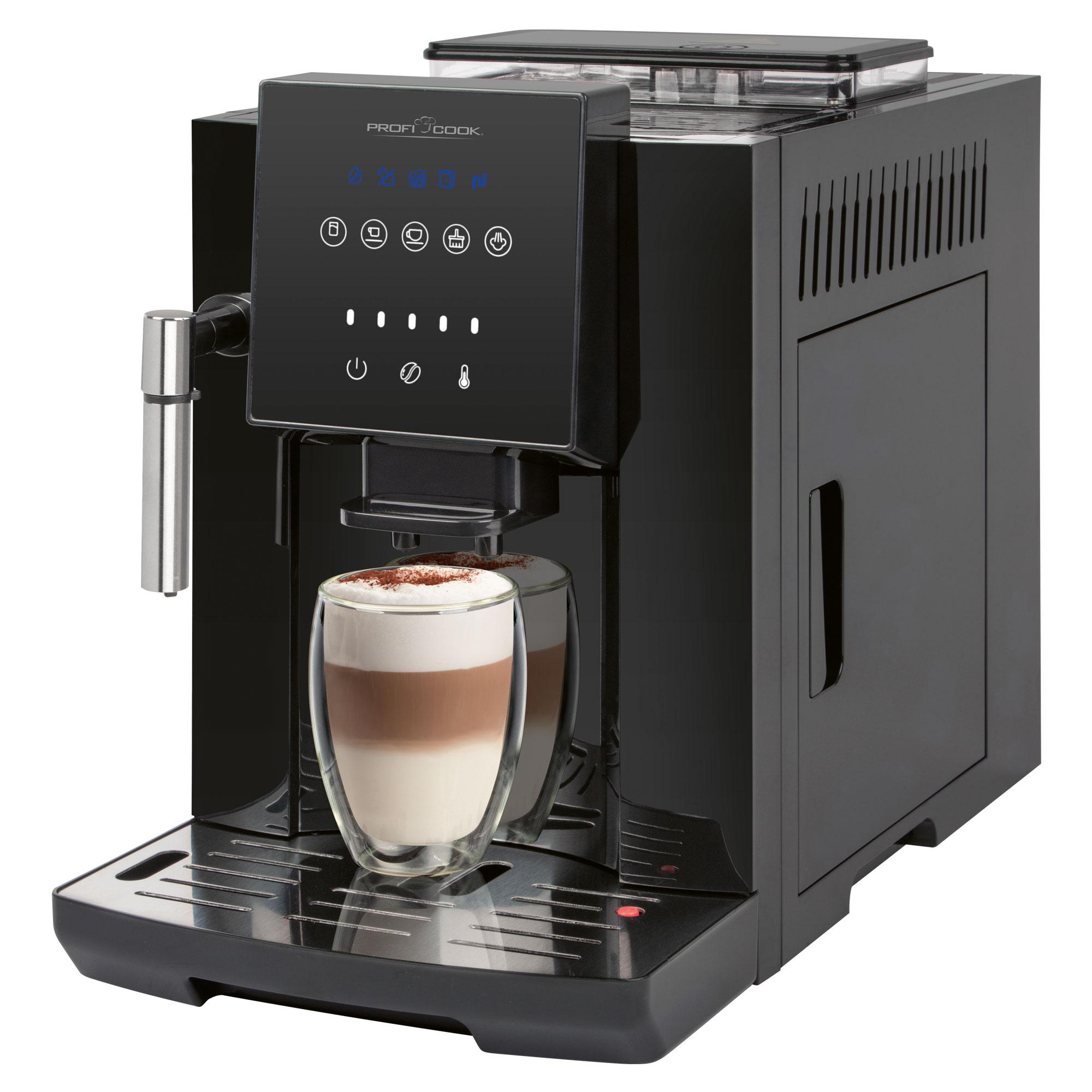 Schwarze Espressomaschine, die Kaffee in ein Glas brüht. Ein Latte ist fertig.