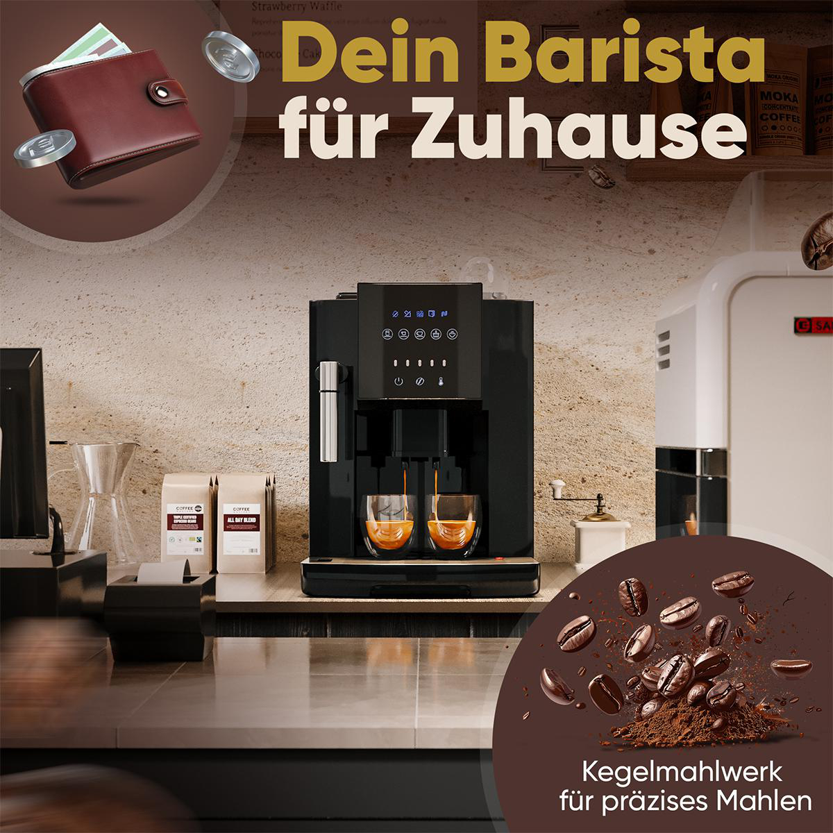 Kaffeemaschine mit Bohnen, Münzen und einer Brieftasche.