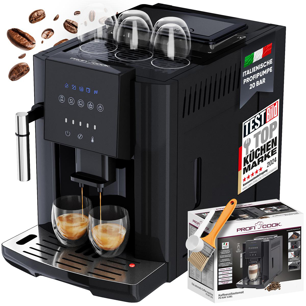 Schwarze Kaffeemaschine mit zwei Gläsern, die mit Kaffee gefüllt sind. Kaffeebohnen und Verpackung sind sichtbar.