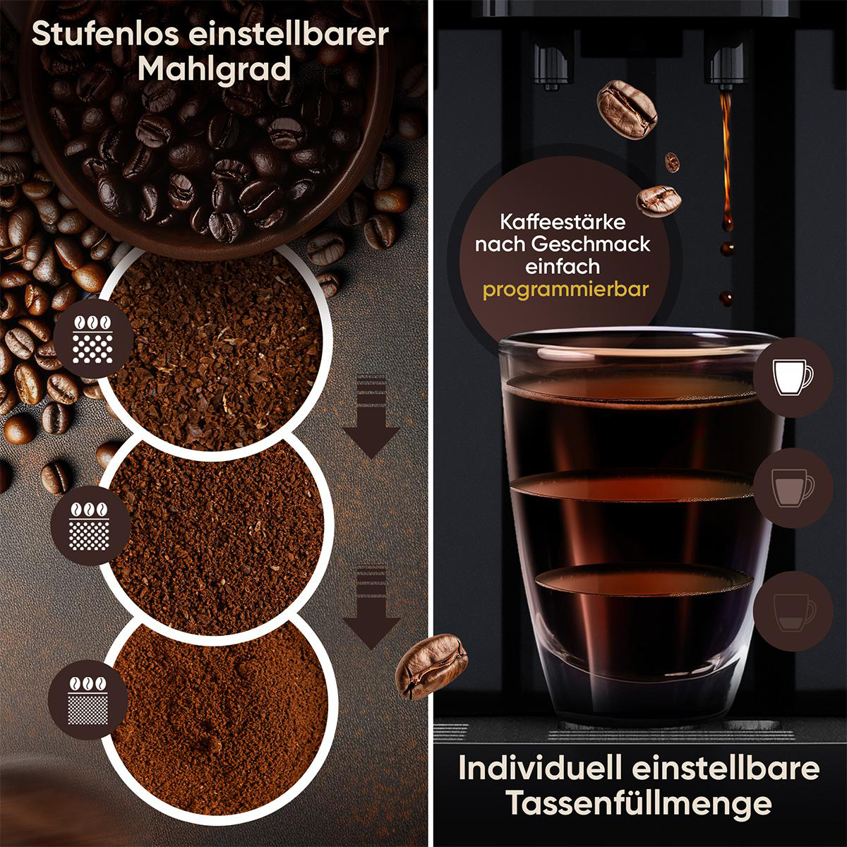 Kaffeebohnen, gemahlener Kaffee und ein Glas Kaffee.