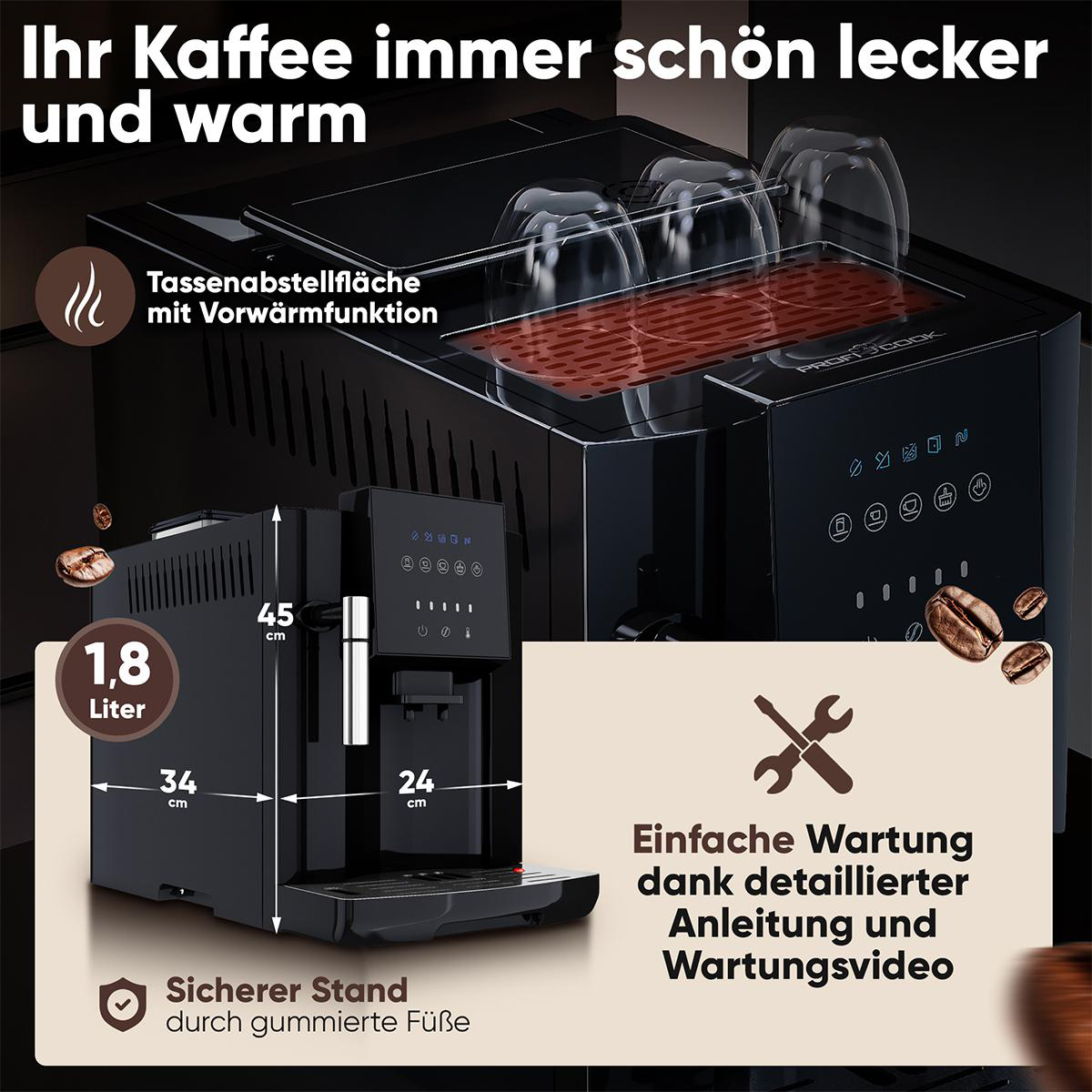 Schwarze Kaffeemaschine mit Abmessungen. Merkmale sind eine Warmhalteplatte, Abmessungen und eine Wartungsanleitung.