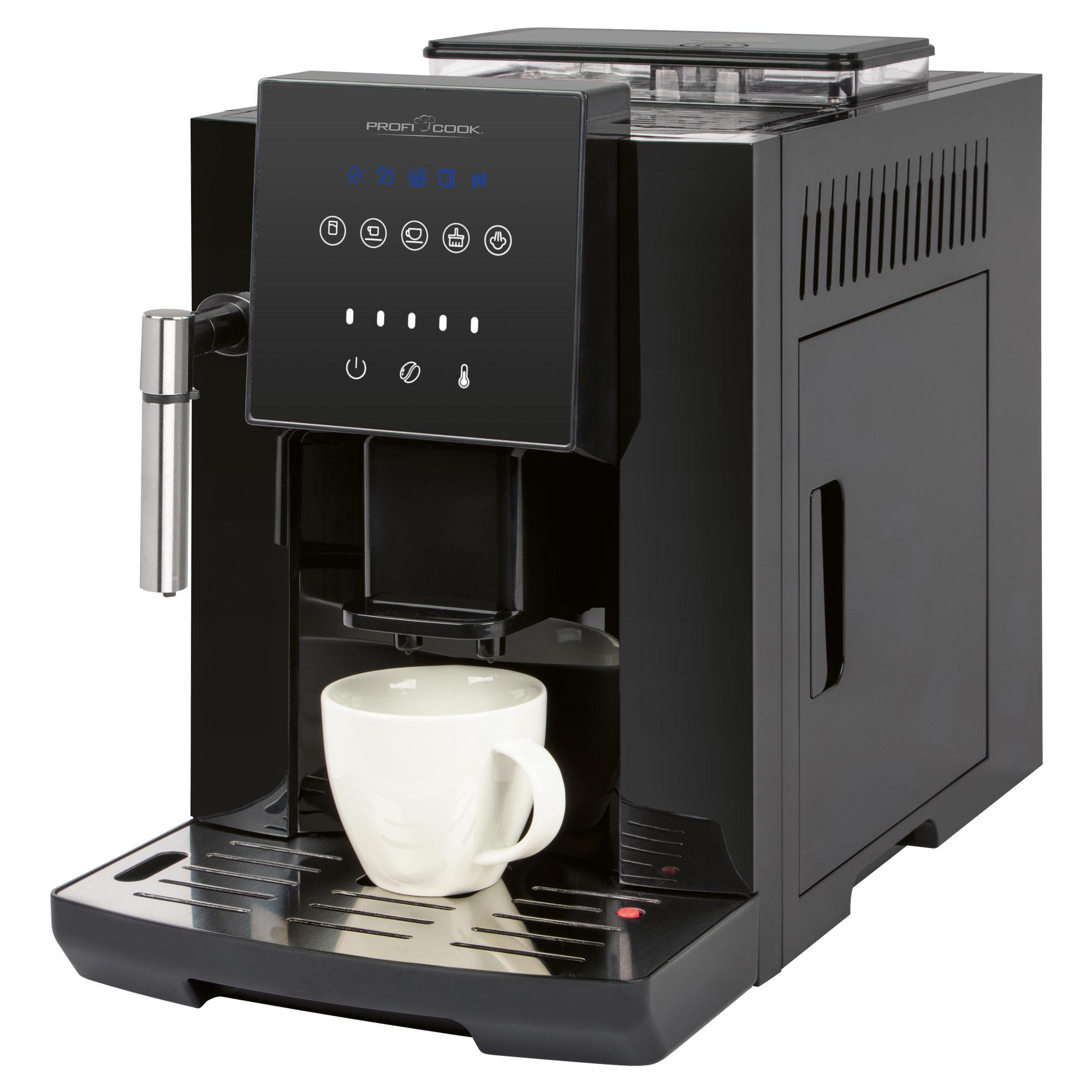 Schwarze Kaffeemaschine mit einer weißen Tasse. Die Maschine ist bereit, Kaffee zu brühen.