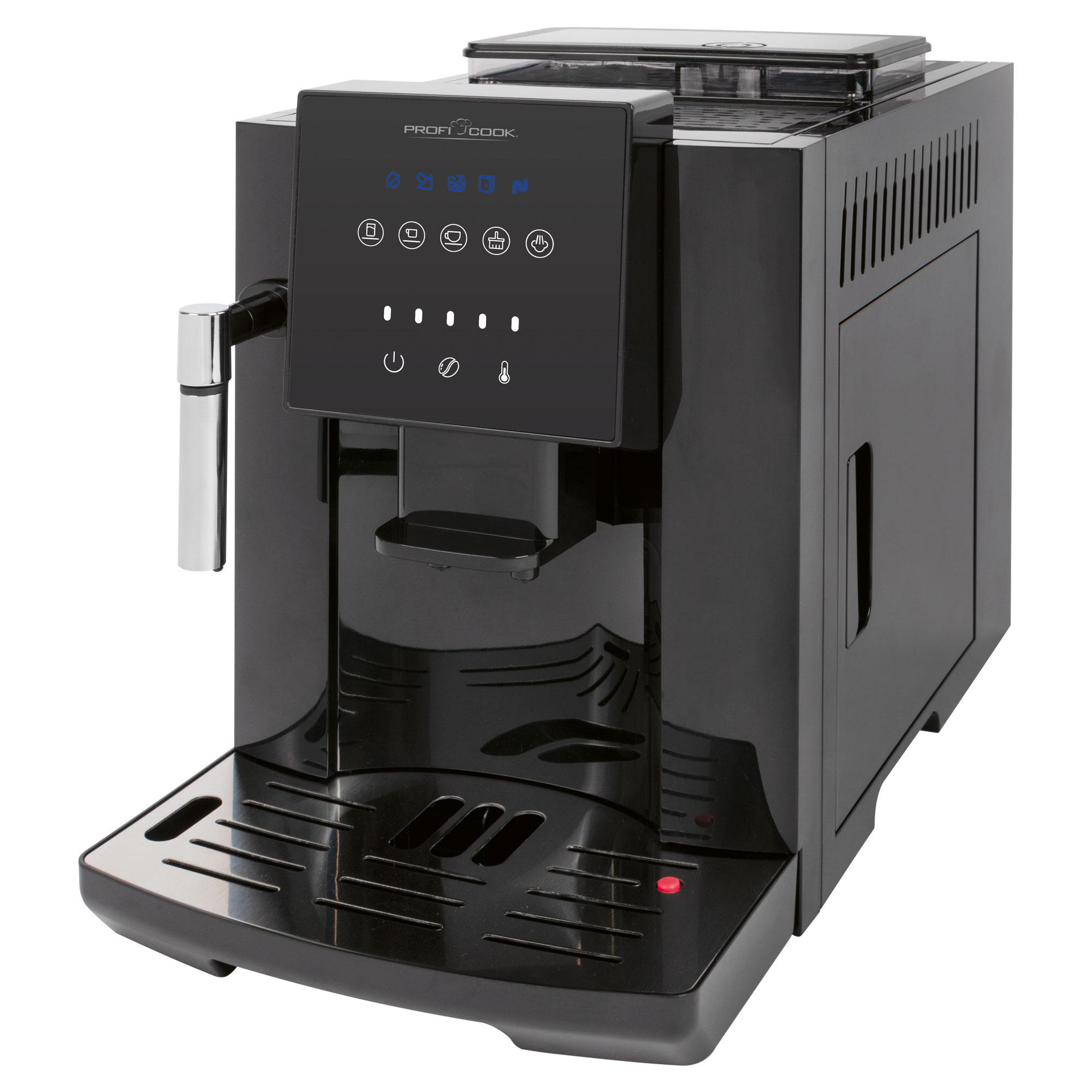 Schwarze Kaffeemaschine. Die Maschine ist eingeschaltet und bereit, Kaffee zu brühen.