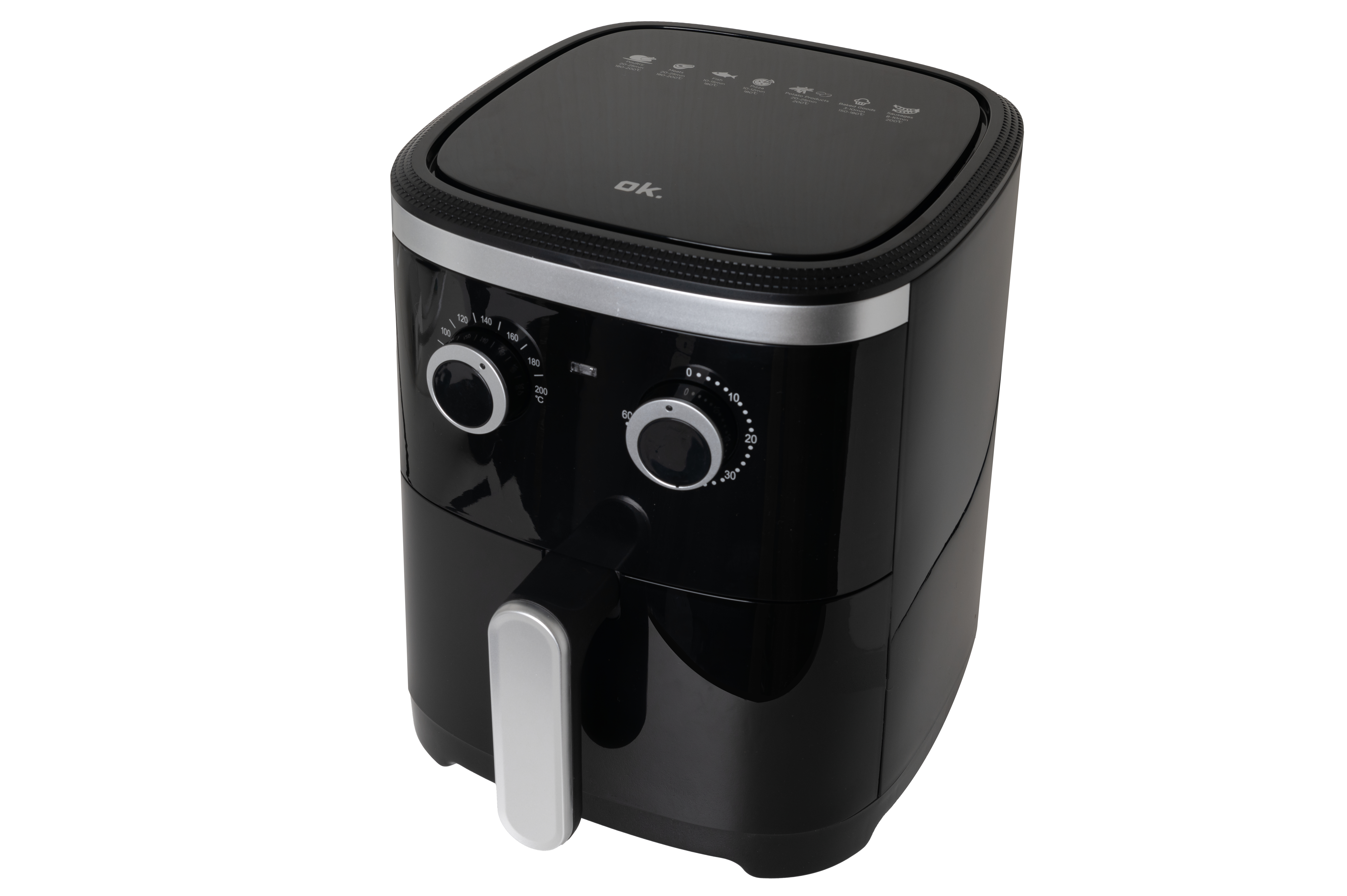 Schwarzer Heißluftfritteuse mit silbernen Bedienelementen und Touchscreen-Display.