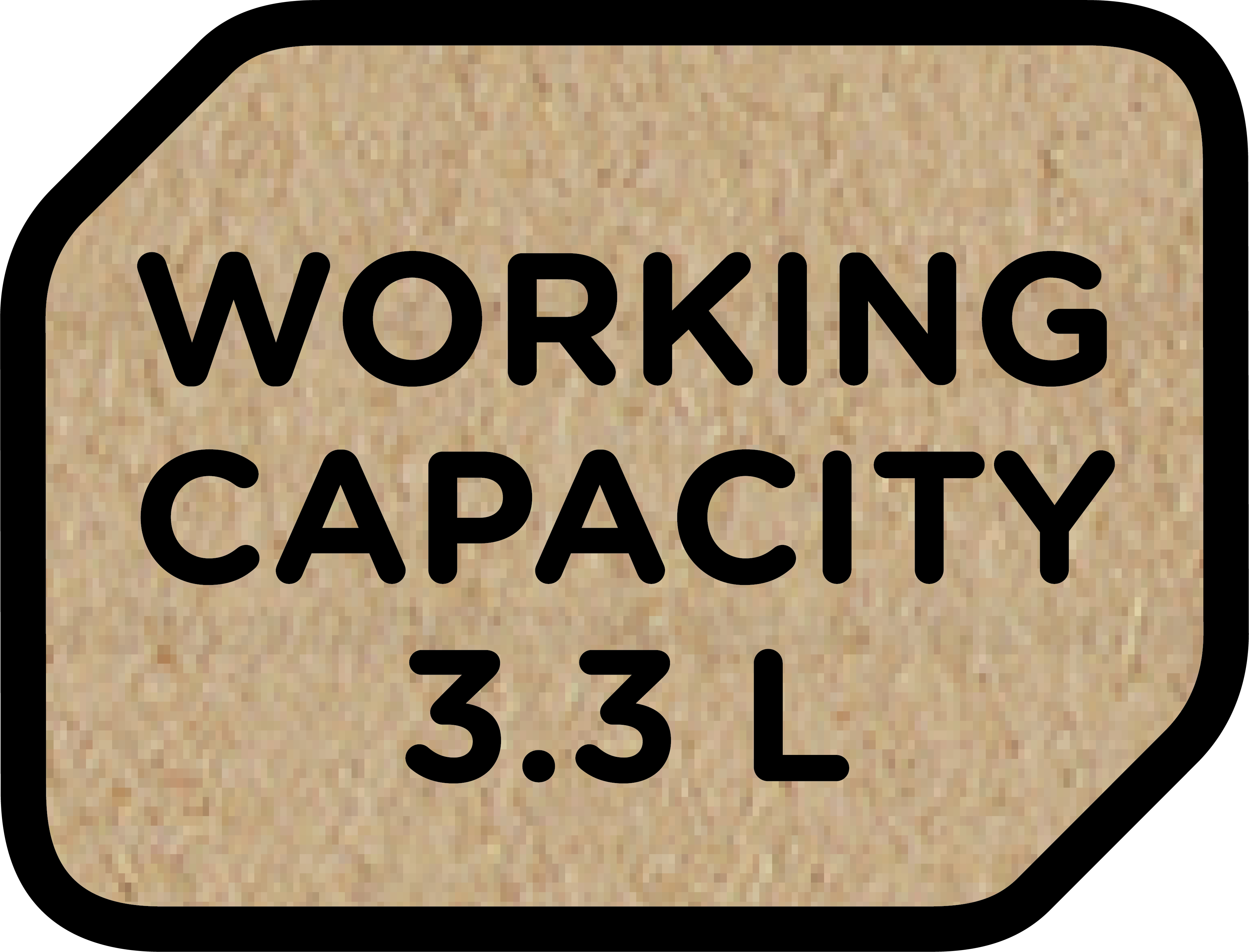 Arbeitskapazität 3,3 L, auf beigem Grund mit schwarzem Rand.