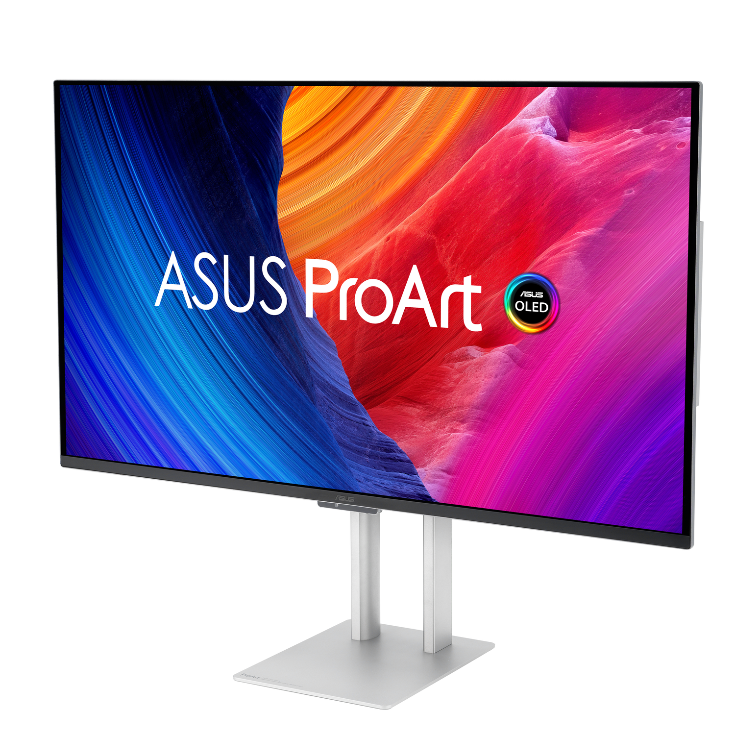 ASUS ProArt monitor, schuine weergave. Scherm toont kleurrijke abstracte kunst, met zilveren standaard.