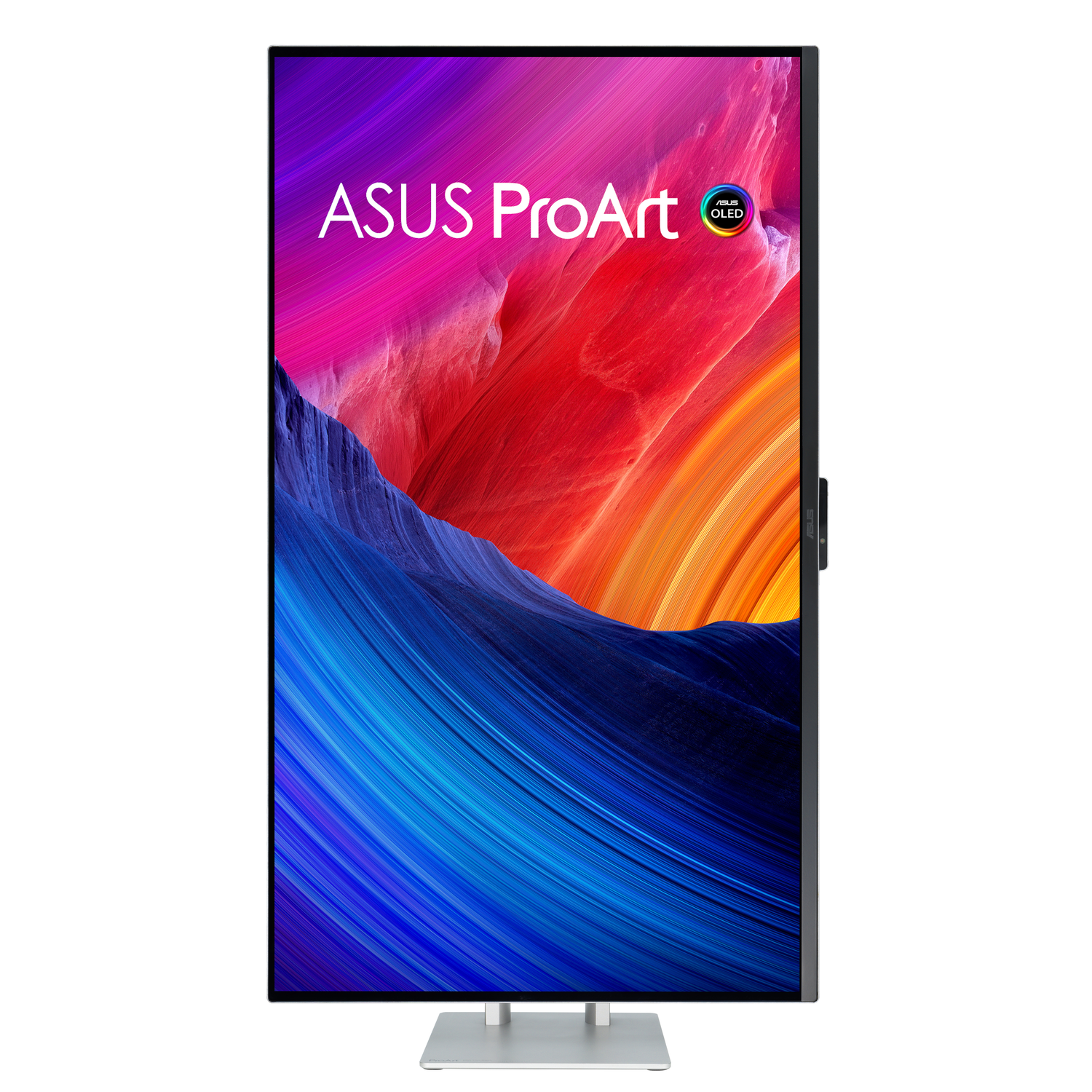 ASUS ProArt monitor, vooraanzicht. Toont kleurrijke abstracte kunst. Zilveren standaard en basis.