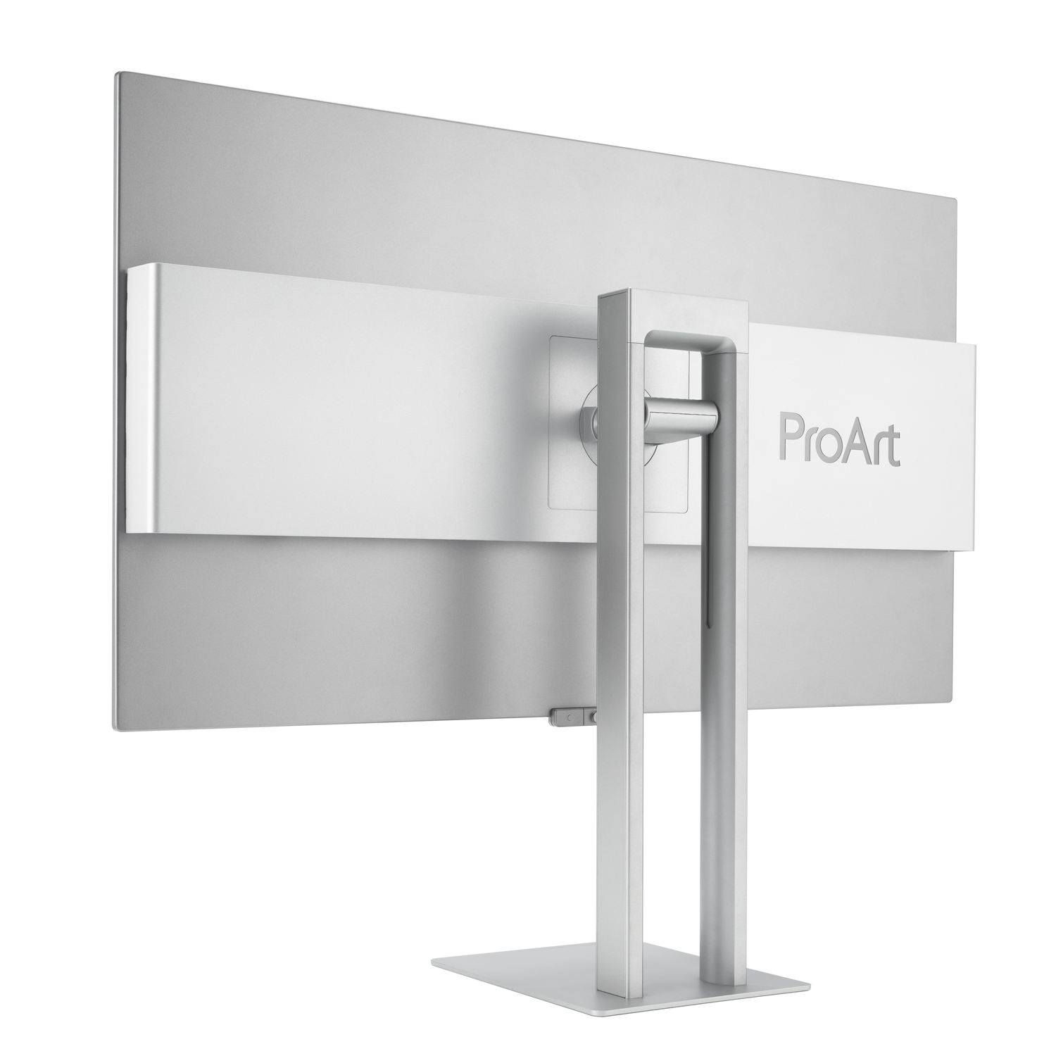 Zilveren computermonitor achterkant met standaard. ProArt-logo.