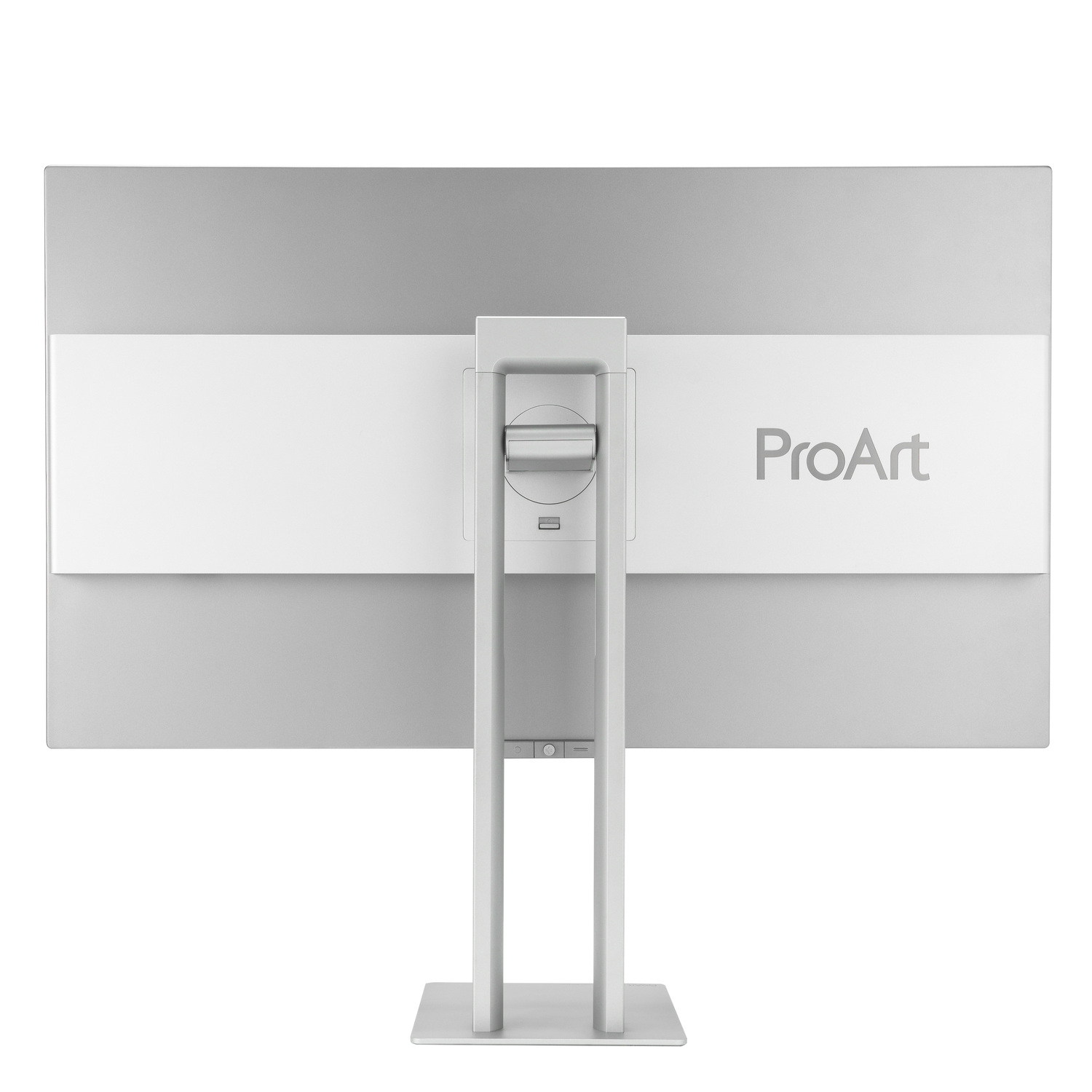 Achterkant van ASUS ProArt monitor. De achterkant is wit met ProArt tekst. Heeft een zilveren standaard.