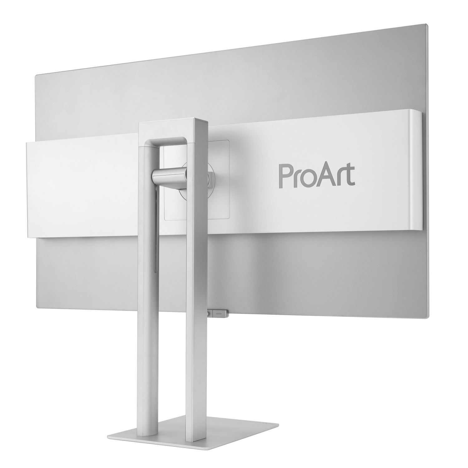 Achterkant van een zilveren monitor, met een standaard. ProArt staat op de monitor.
