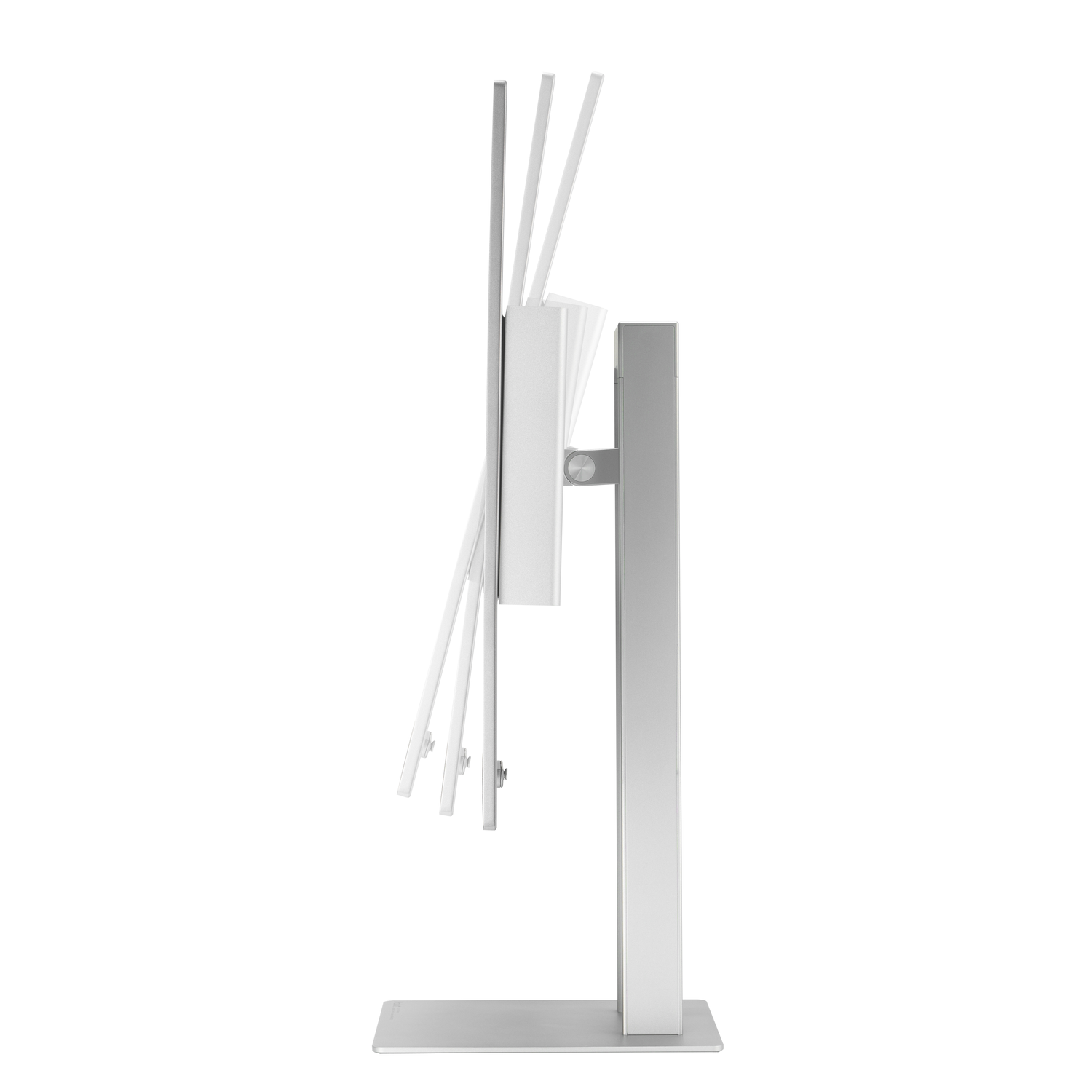 Monitor, zijaanzicht, verstelbaar. Het scherm is wit en de standaard is zilver. Het scherm is schuin.