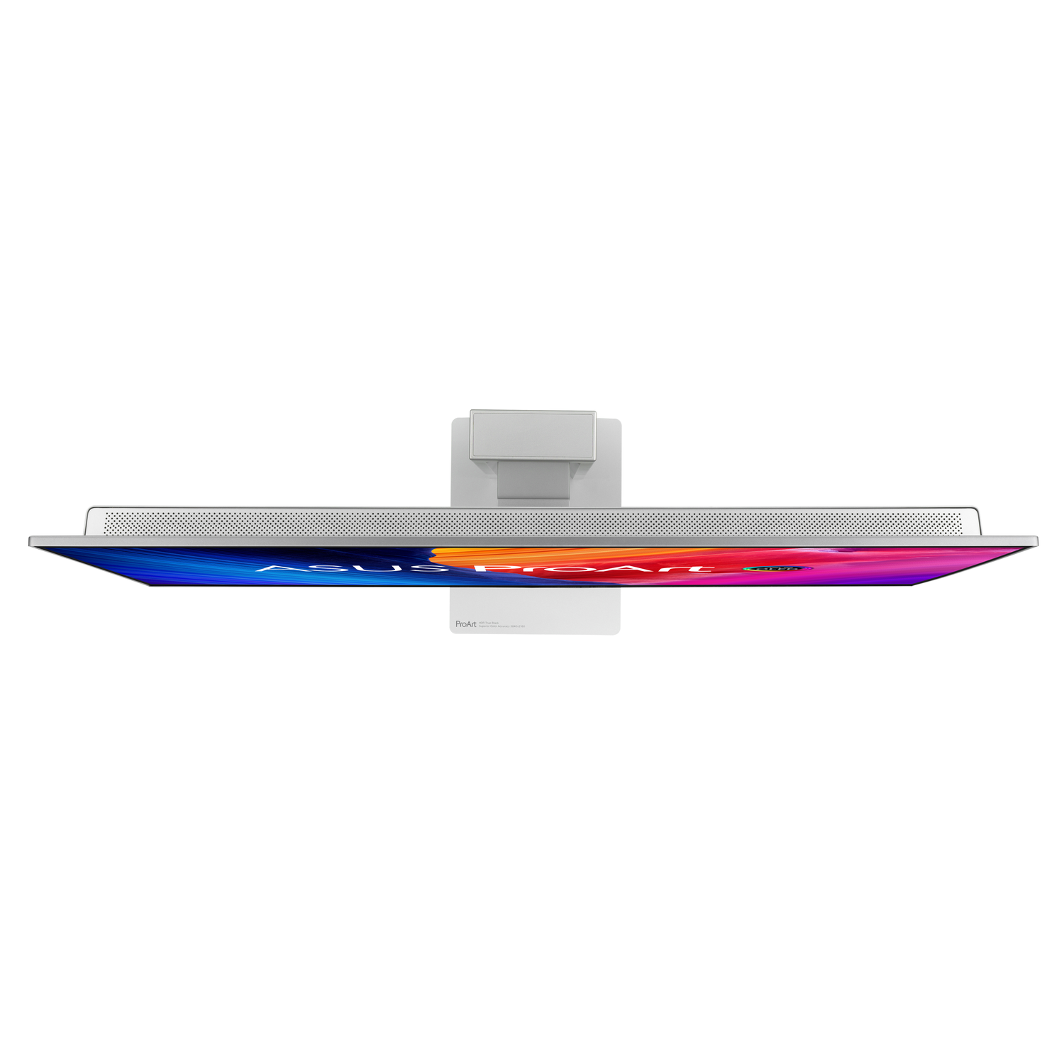 ASUS ProArt monitor, bovenaanzicht. Scherm toont kleurrijke kunst. Zilveren standaard en basis zichtbaar.
