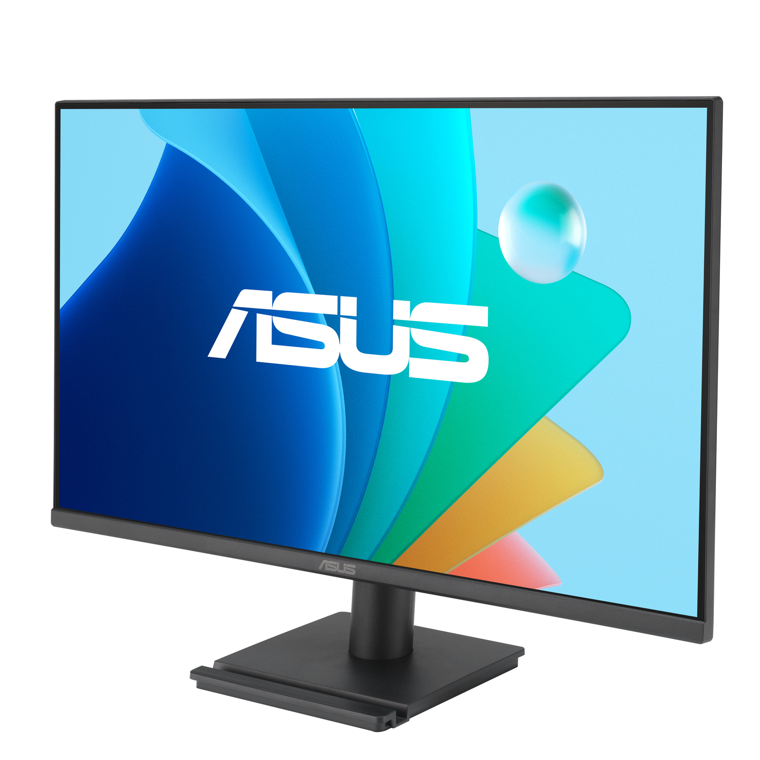 A computer monitor on a black base.