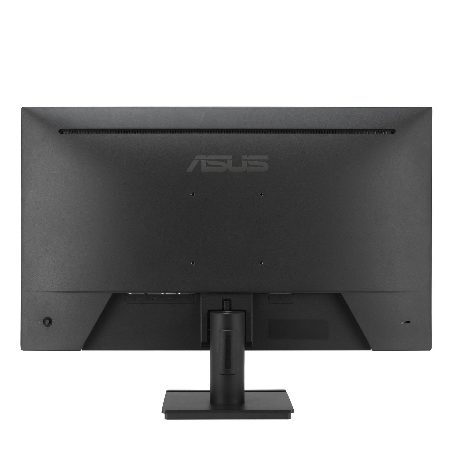 Back of ASUS monitor. Black with ASUS logo, ports, and stand attachment. The base is black.