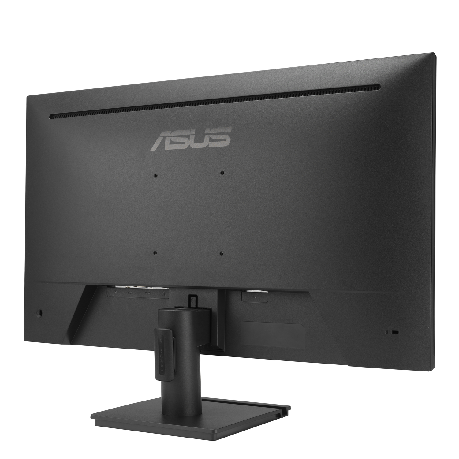 Back of an ASUS monitor, black, with stand and logo.
