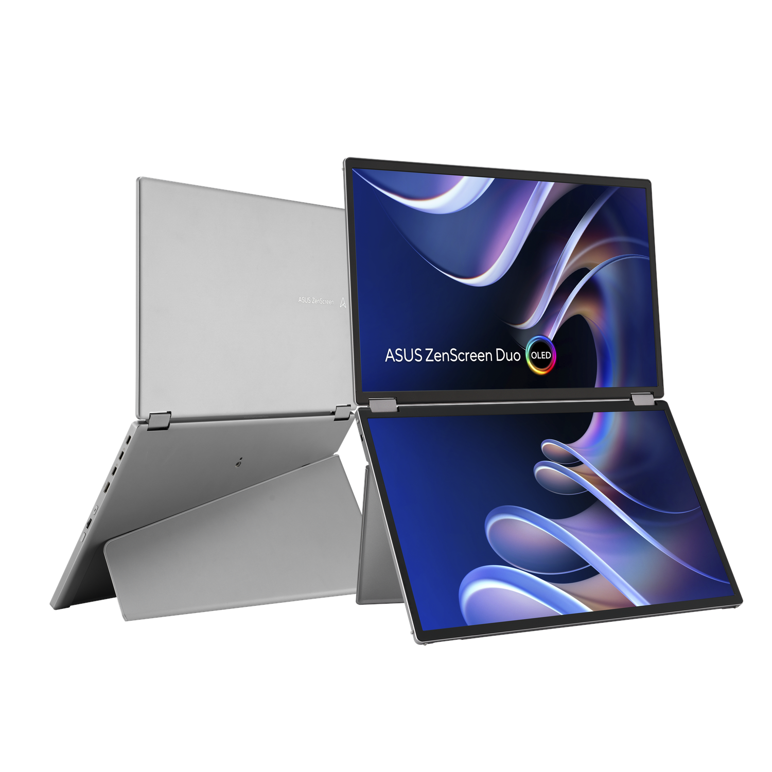 Two grey ASUS ZenScreen Duo laptops are open, screens displaying content.