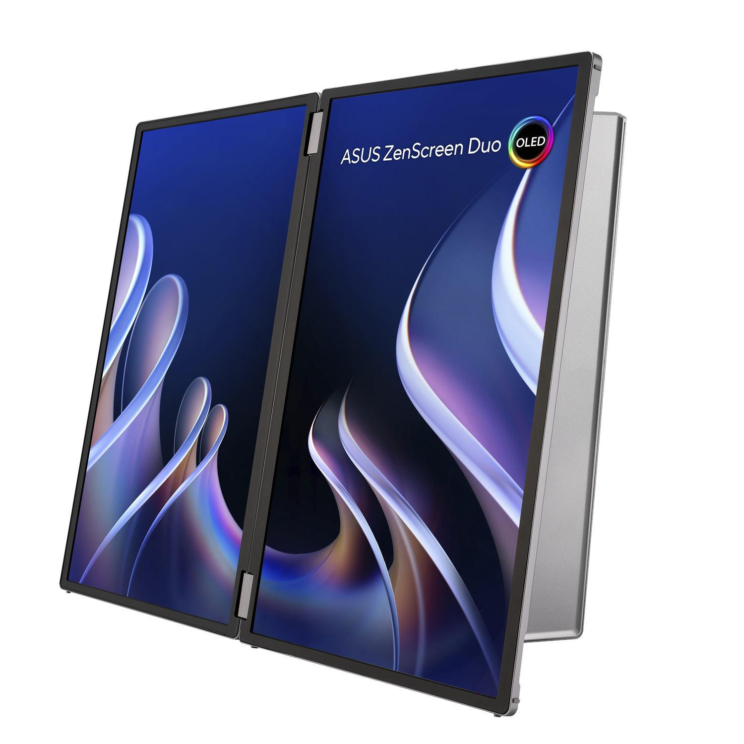 An ASUS ZenScreen Duo laptop, opened with two screens displaying content.