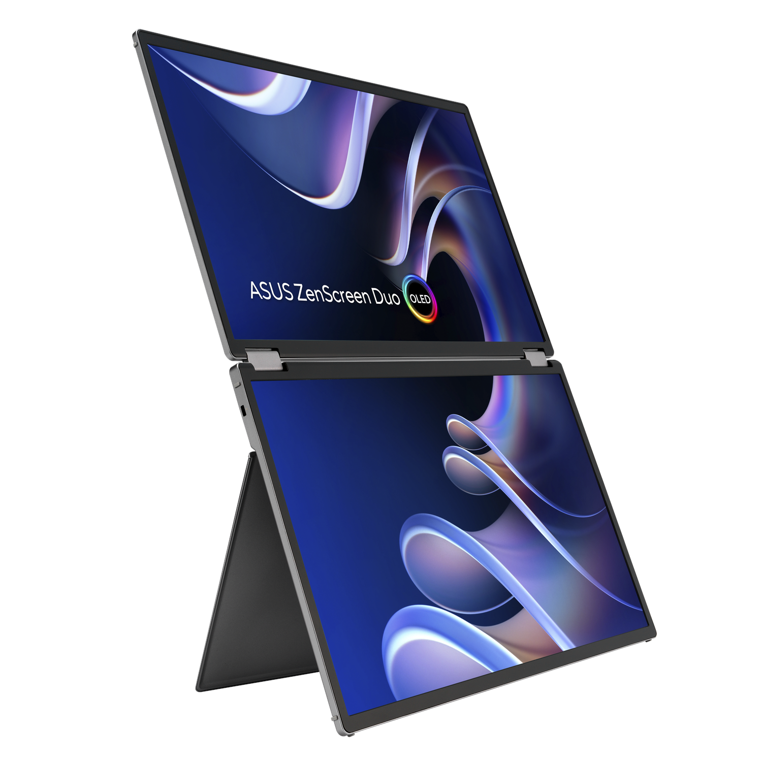 An ASUS ZenScreen Duo laptop, top screen open, bottom screen angled up.