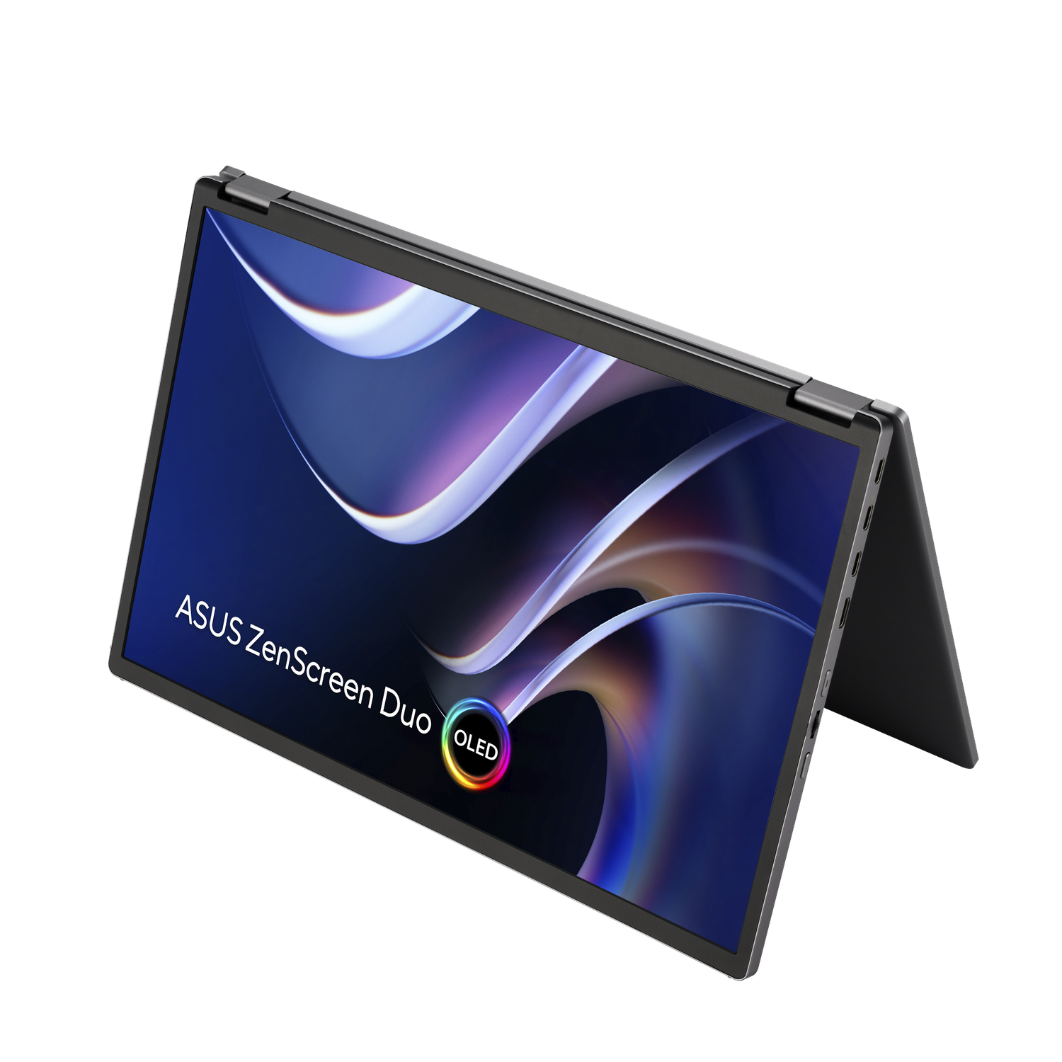 An ASUS ZenScreen Duo laptop in a tent position, showing the OLED screen.