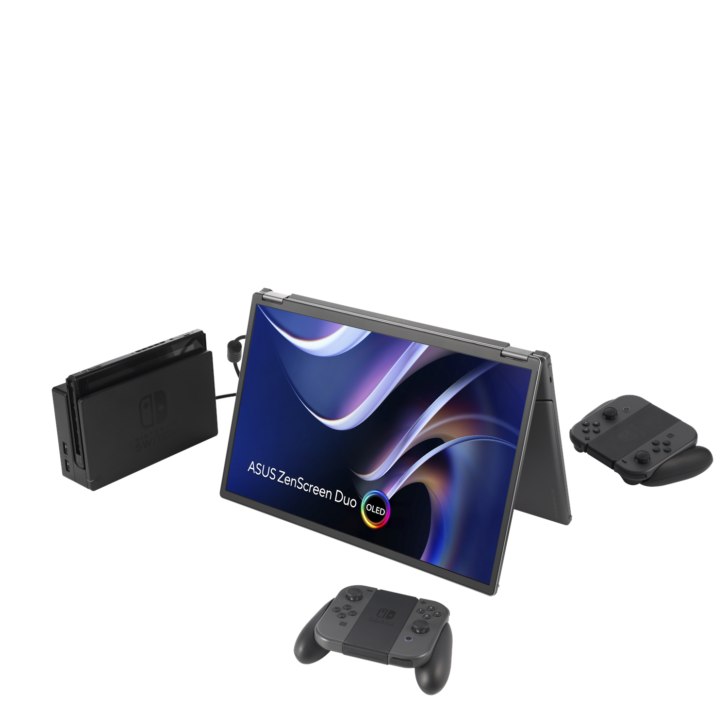 Black and gray screen device with controllers.
