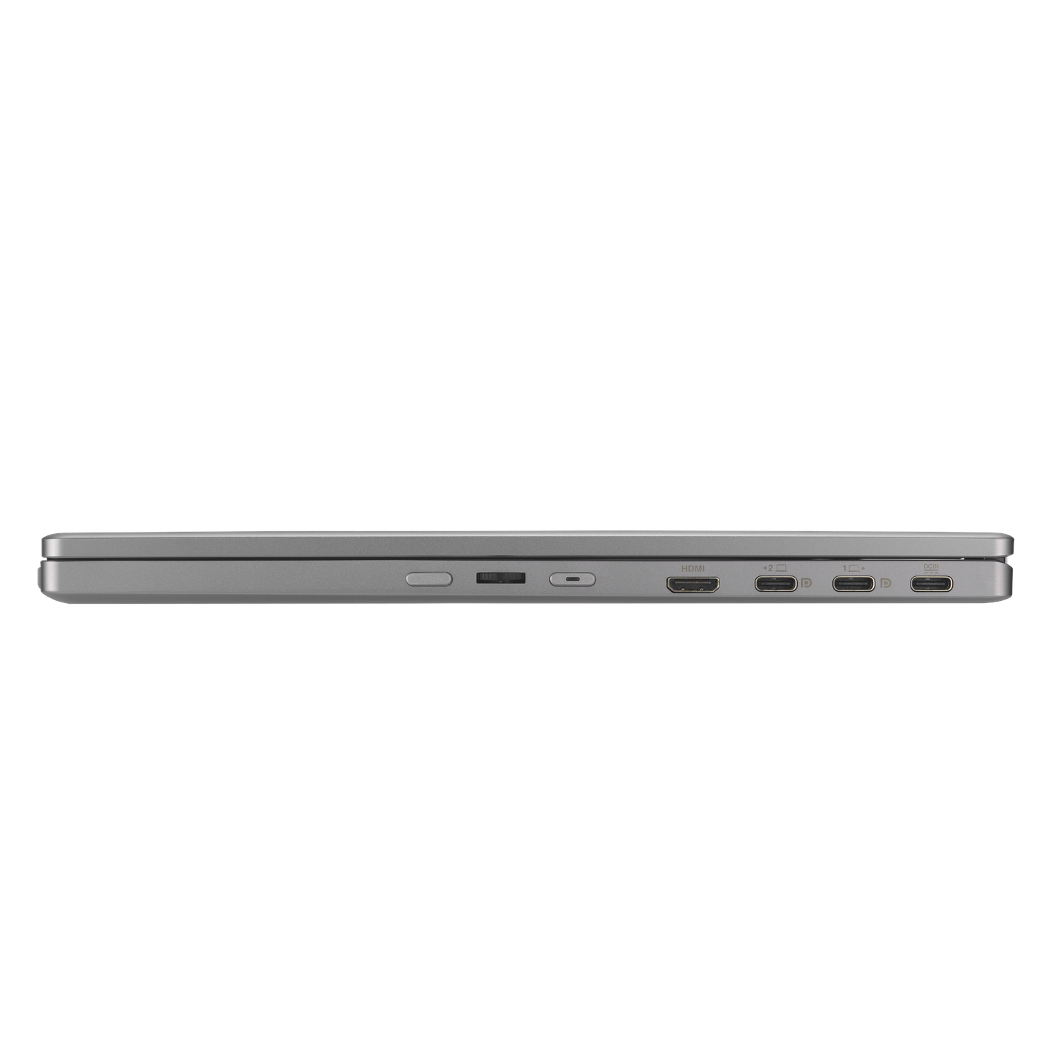 Side view of a grey ASUS ZenScreen Duo laptop showing ports and buttons.